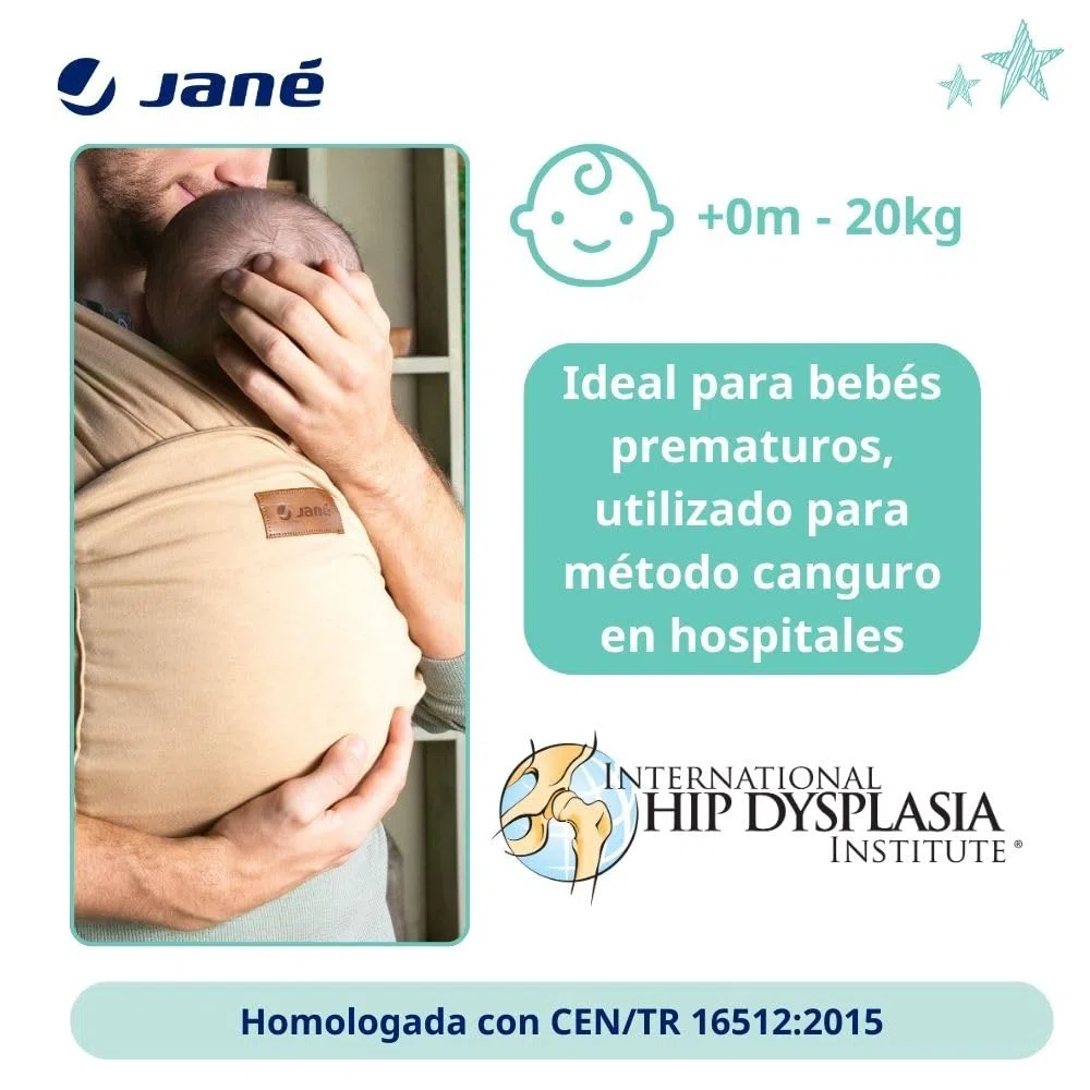 Jané Cocoon Fascia Porta Bebè Elastico, dalla Nascita fino a 20 kg, 5 m, Metodo Canguro, Ergonomica, Traspirante, con Borsa, Beige