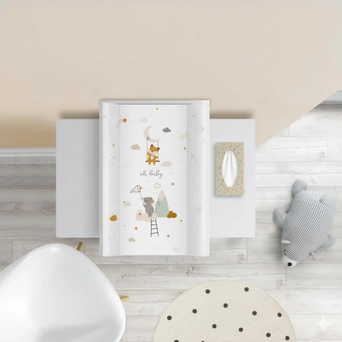 Materassino fasciatoio 70x47 cm, bianco con topolino – lavabile e morbido, bordi sagomati per sicurezza – cuscino fasciatoio per cassettiera – materassino cambio neonato con imbottitura comfort
