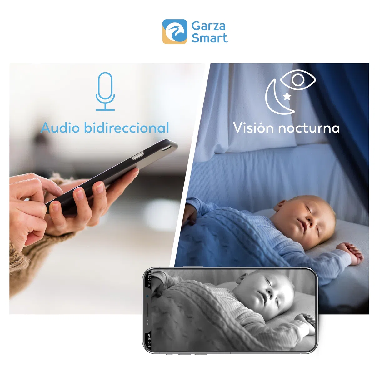 Garza Telecamera per la Sorveglianza del Bambino 1080p HD con Sensore di Temperatura, Visione Notturna, Rilevamento di Pianti, Ninnananne, Rumore Bianco e WiFi 2.4 GHz., 3 Coperture + Supporto