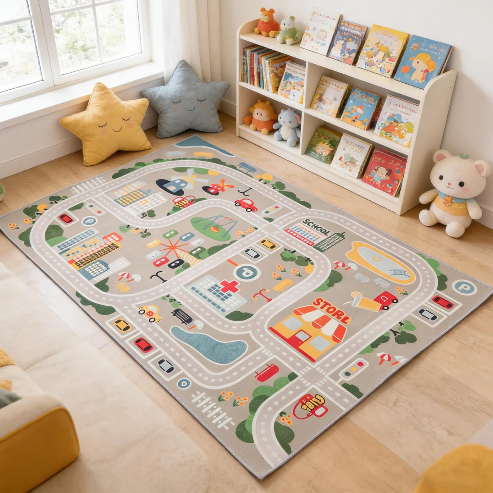 Tappeto da gioco per bambini Street Car Univers Animal Blu Verde Grigio 10 Misure