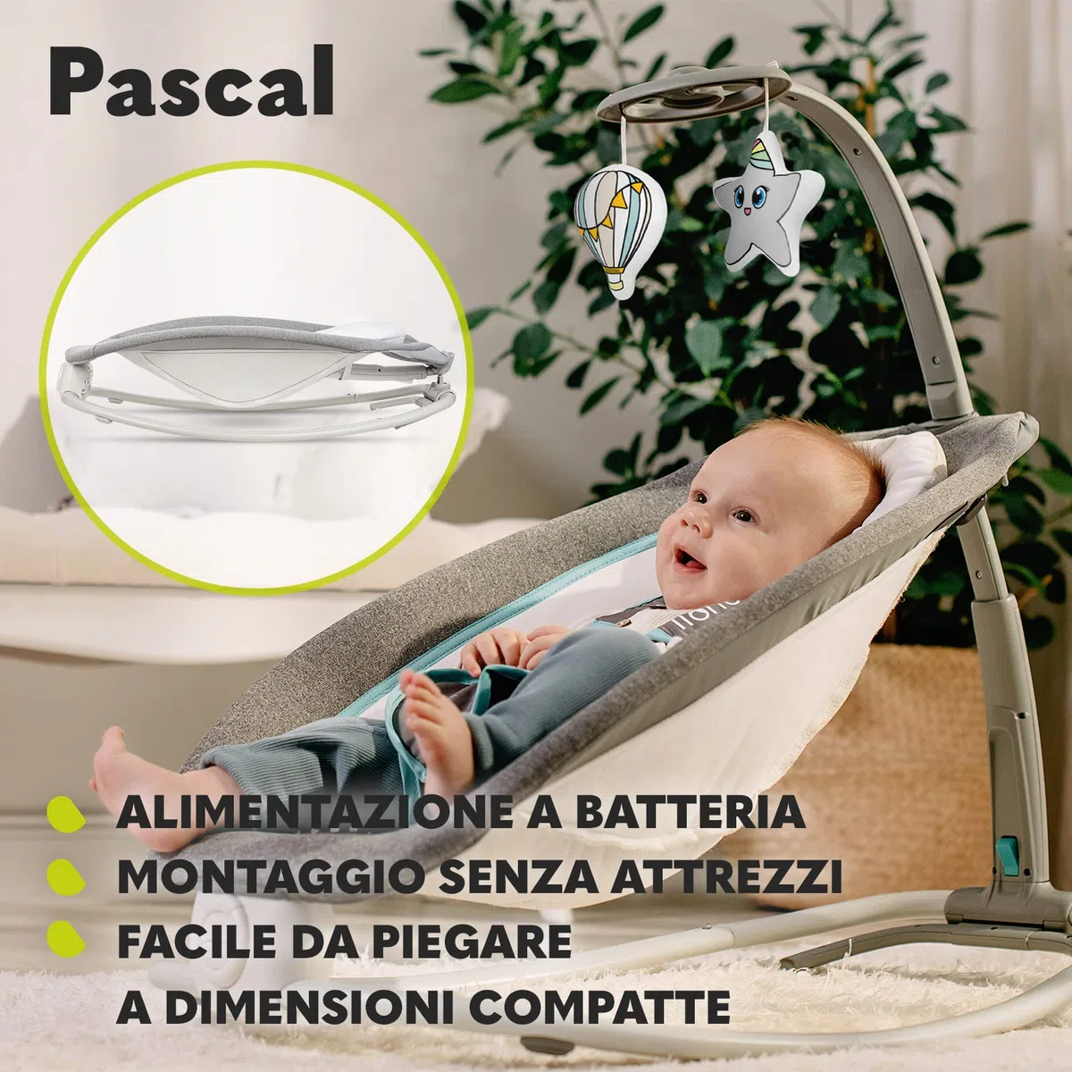 Lionelo Pascal Sdraietta neonati 0-9 kg Dondolo per bambini portatile e pieghevole, Culla 12 Melodie Giocattoli Regolazione dello schienale Vibrazioni Cinture a 5punti Materiale sfoderabile (Grigio)