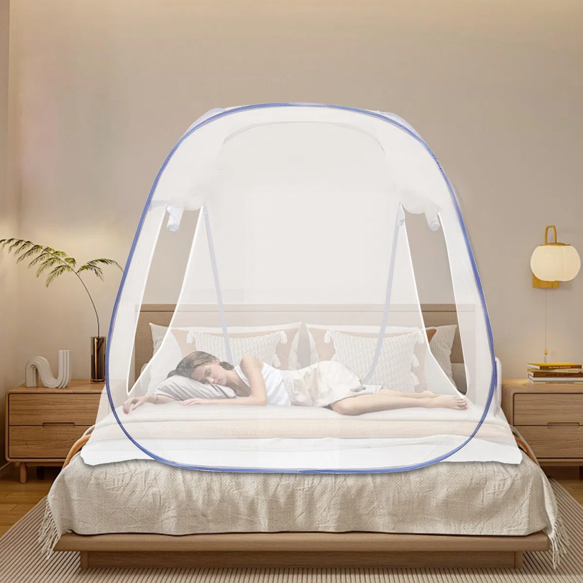 Zanzariera per letto pop-up a doppia porta, portatile, con bordo a doppia porta, tenda da campeggio, 198 x 180 x 160 cm, blu, per attività all'aperto, campeggio, viaggi, camera da letto