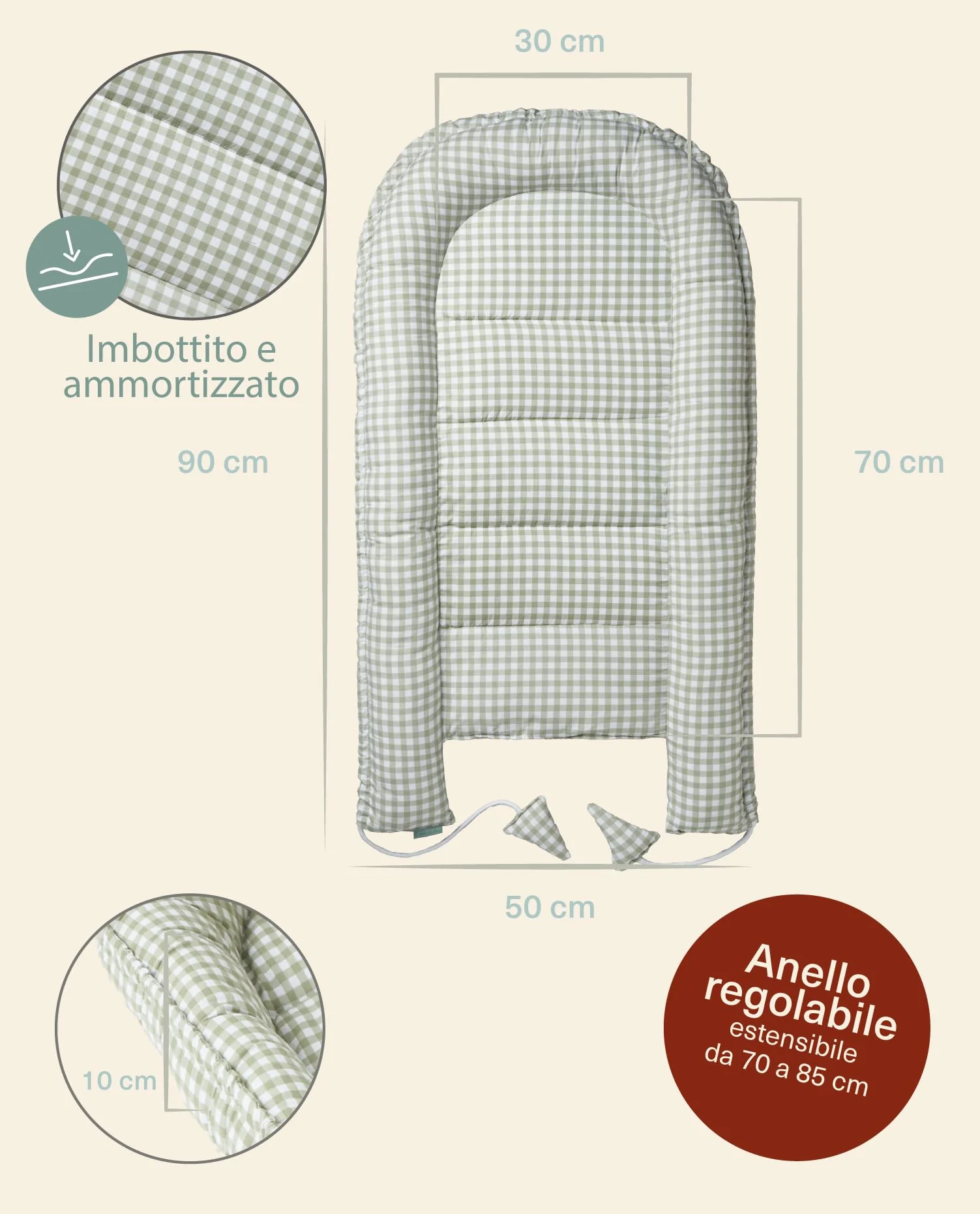 molis&co. Nido per bebè 90x50 cm Riduttore culla Co-sleeping Nest neonati Cotone Lettino portatile viaggio OEKO-TEX 100 Mint Tea