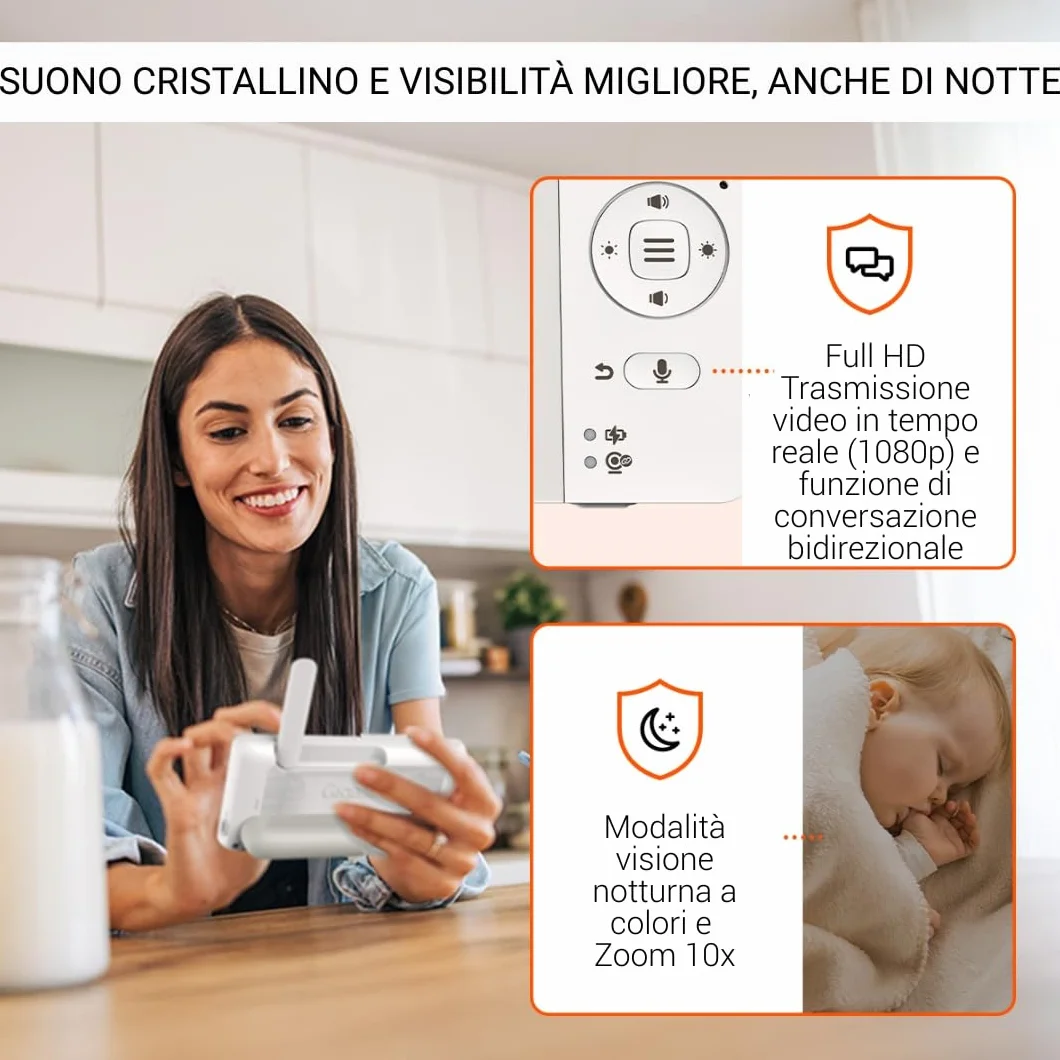 Gigaset BABY 700 Connected – Videocamera per bambini con touchscreen Full HD da 5,5" – Trasmissione sicura FHSS e WLAN–lunga durata della batteria-con app, Cream White/Warm [Versione Italiana]