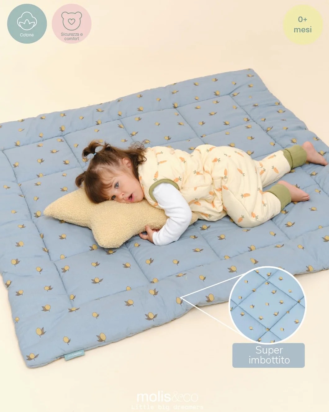 molis&co - Tappeto Gioco Bambini e Neonati 120x120x5cm - Tappeto Morbido Bambini - Tappeto Gioco Neonato Pieghevole, Reversibile e Lavabile - 100% Cotone (OEKO-TEX 100) - Colima