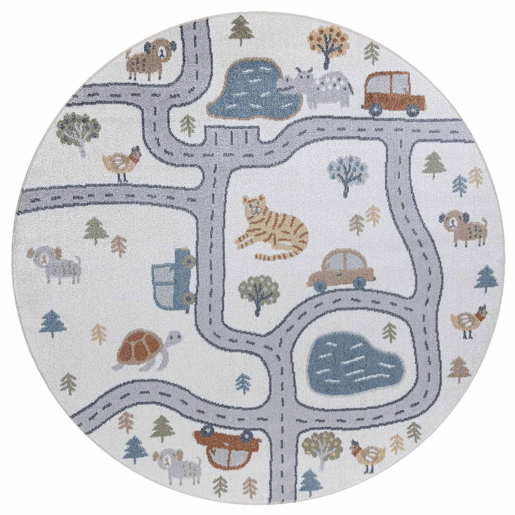 rugsx Tappeto bambini BONO 8283 Per la stanza del bambino, tappeti da gioco, camera dei bambini, Strada, animali, crema/grigio chiaro, cerchio 100 cm