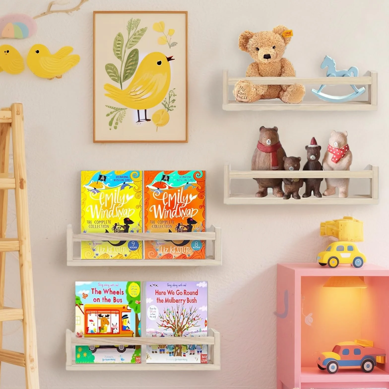 Libreria sospesa parete legno massiccio 41,5 cm set 3 pezzi per cameretta bambini