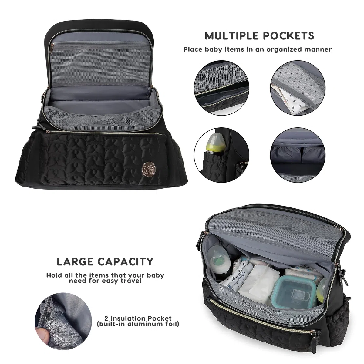 SONARIN Elegante Impermeabile Zaino Fasciatoio,Multifunzionale Grande Capacità Borsa per Pannolini Zaino Mamma Neonato Borsa Fasciatoio da Viaggio con Fasciatoio & Spalline Singola(Nero)