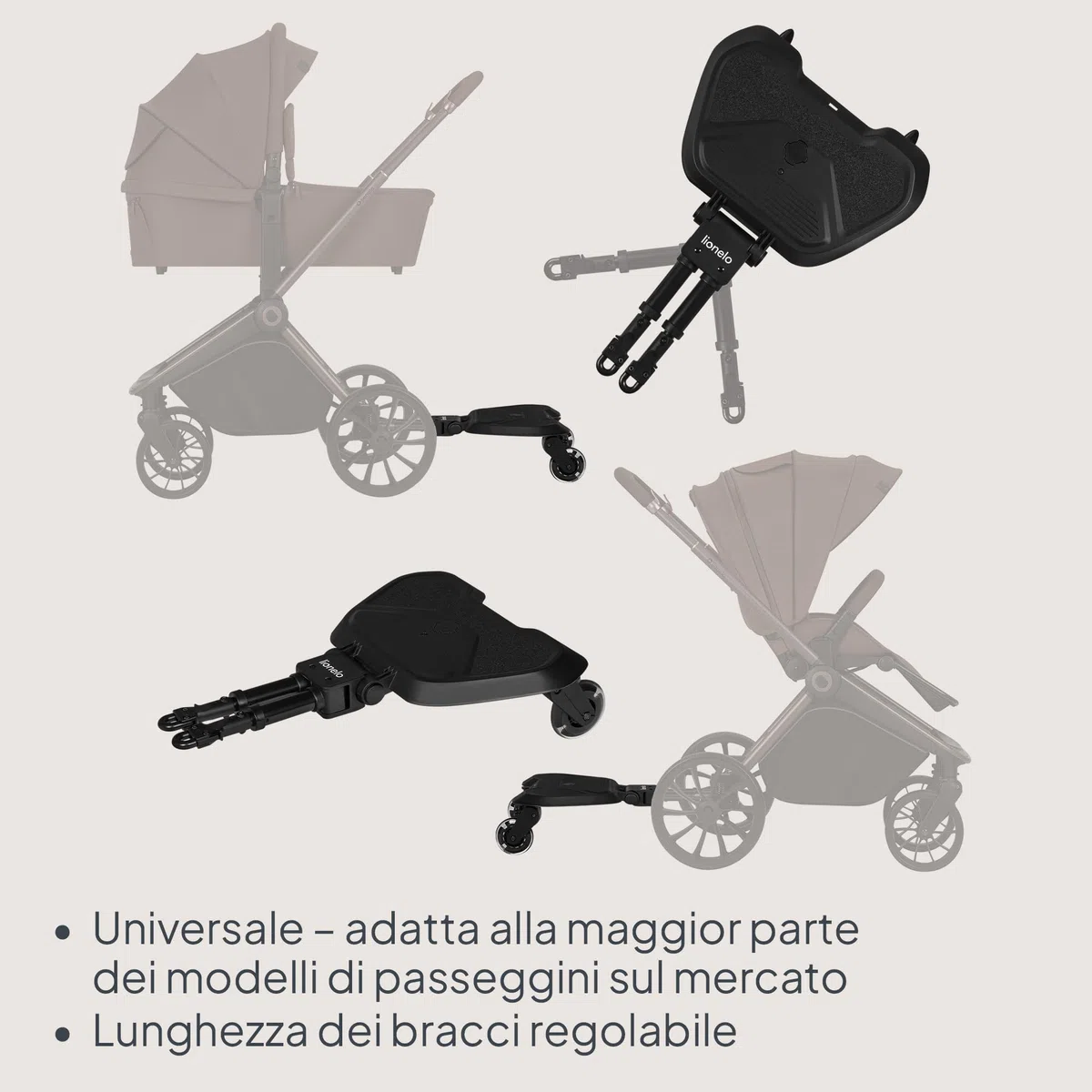 LIONELO Pedana Passeggino BUGGY BOARD con Seduta staccabile, Pedana Universale, per Bambini da 2 a 5 anni, Portata 25 kg, Ammortizzazione, Montaggio Universale, Ruote a LED, Pedane mobili