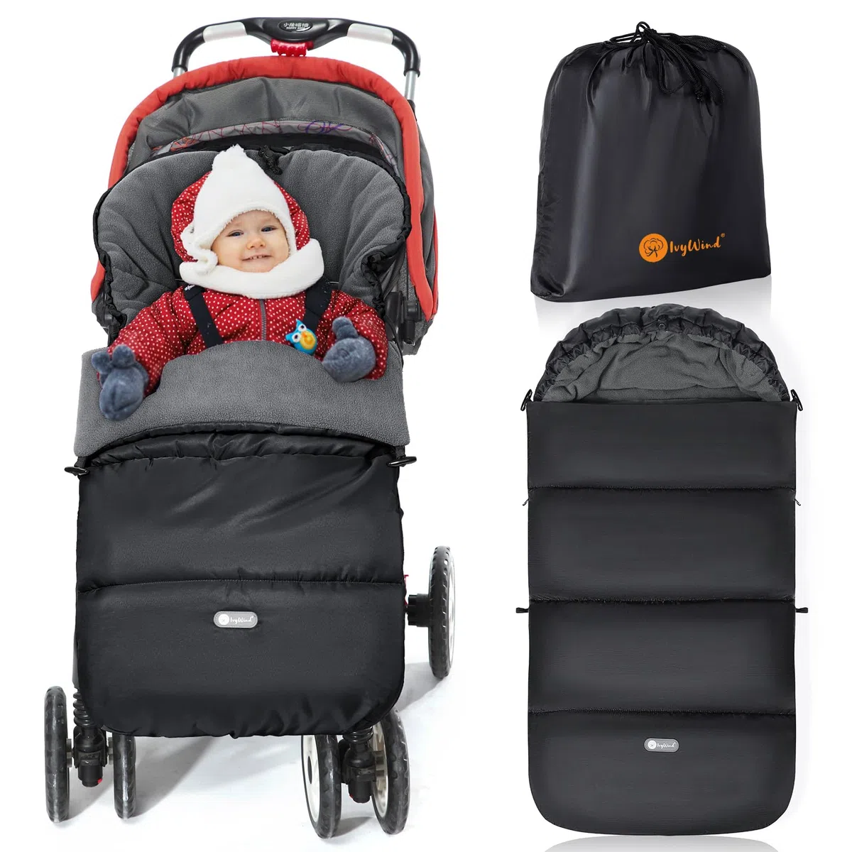 Ivywind Sacco Passeggino Universale, Inverno Sacco Invernale Passeggino con Coulisse Regolabile, Impermeabile Coprigambe Passeggino Universale con Cerniera, Lavabile e Staccabile, Caldo, Nero e Grigio
