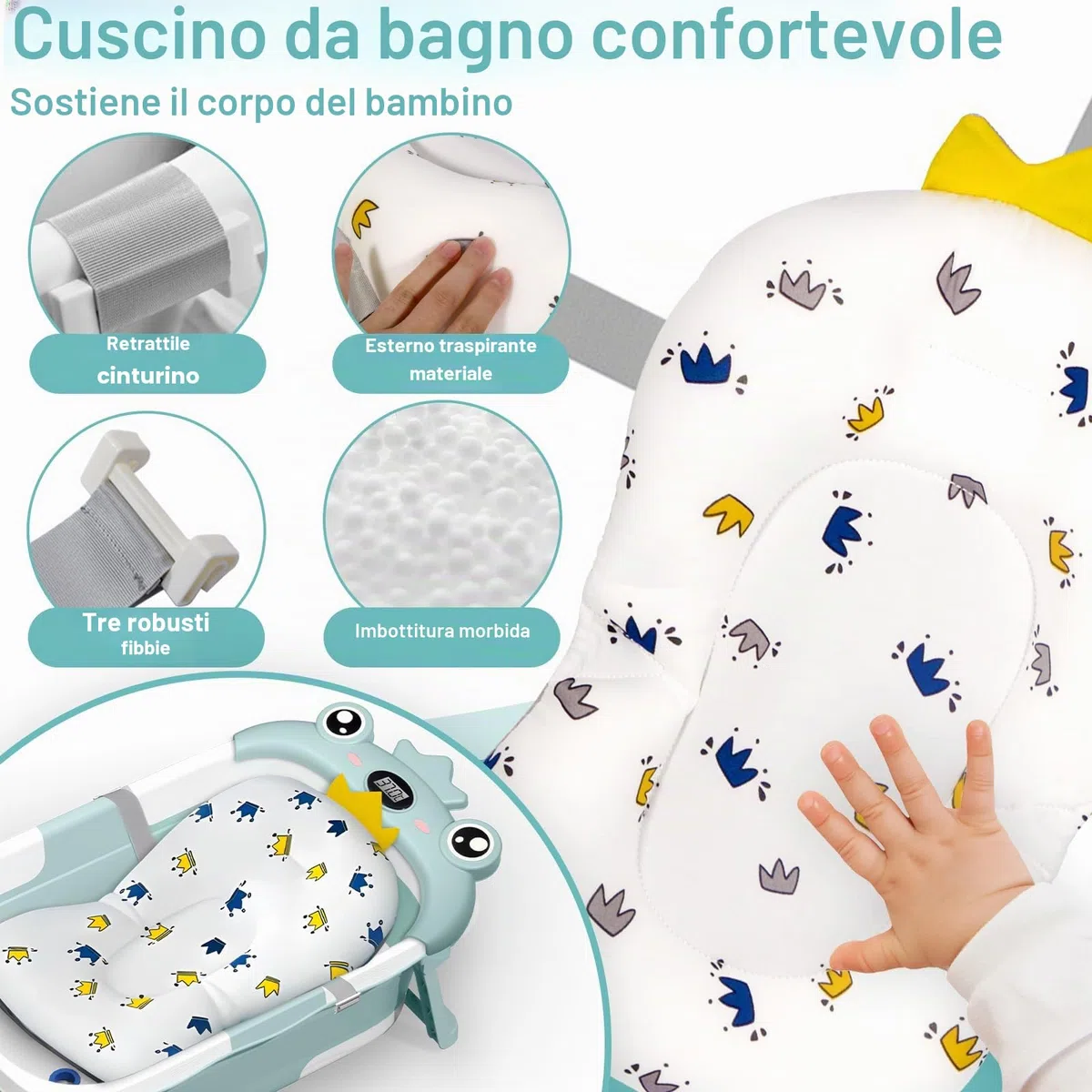 Vaschetta Bagnetto Neonato Pieghevole, Vasca Neonato Bagnetto con Termometro E Cuscino Staccabile, Bagnetto Neonato per Portatile, Vasca da Bagno per Neonato A Bambino 0-36 Mesi (Verde)