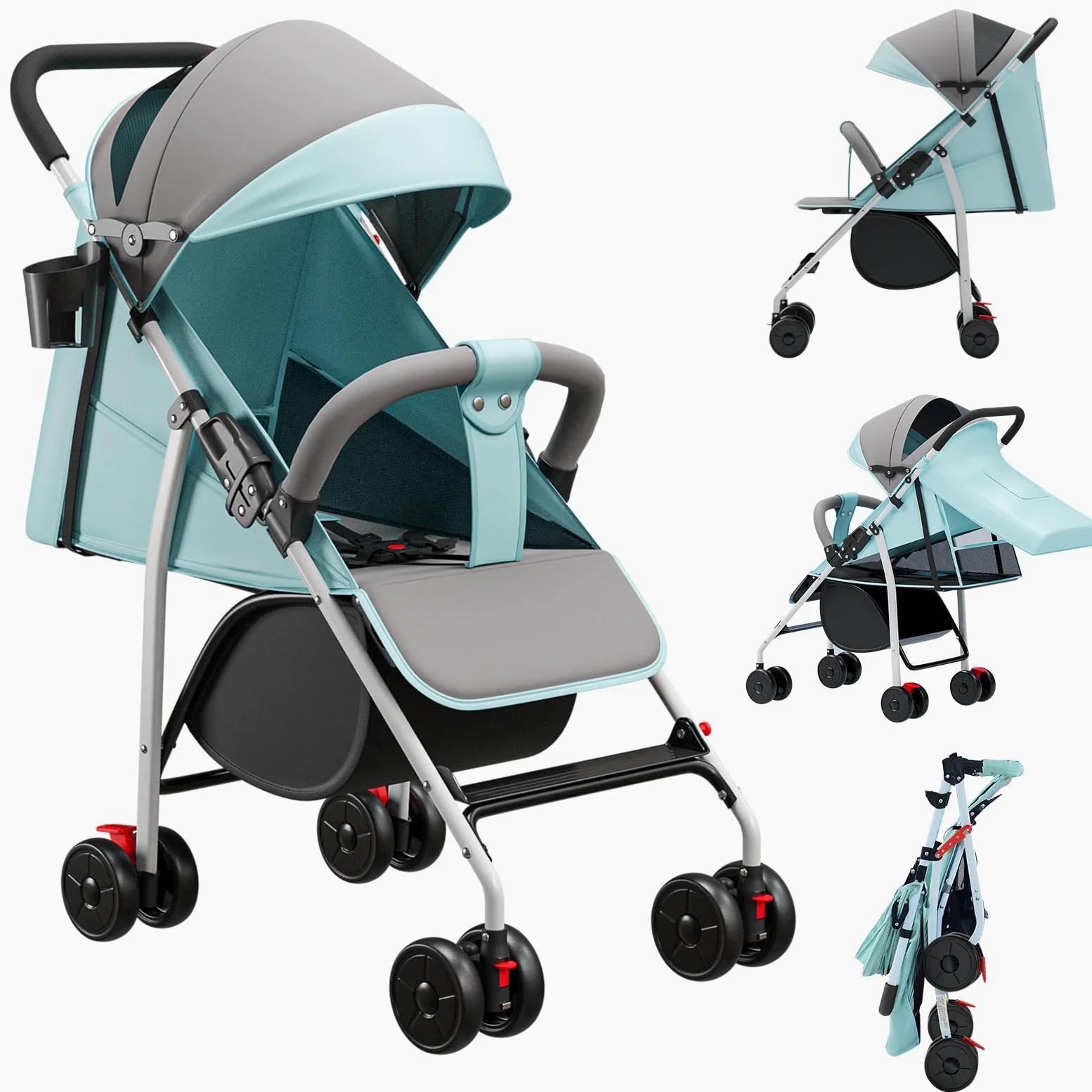 OHMG Passeggino Canne,Passeggino a canna compatta 0-36 kg,Passeggino da viaggio con cotone e zanzariera,Carrello di acquisto con funzione estensibile,Cappuccio estensibile (C-azzurro)