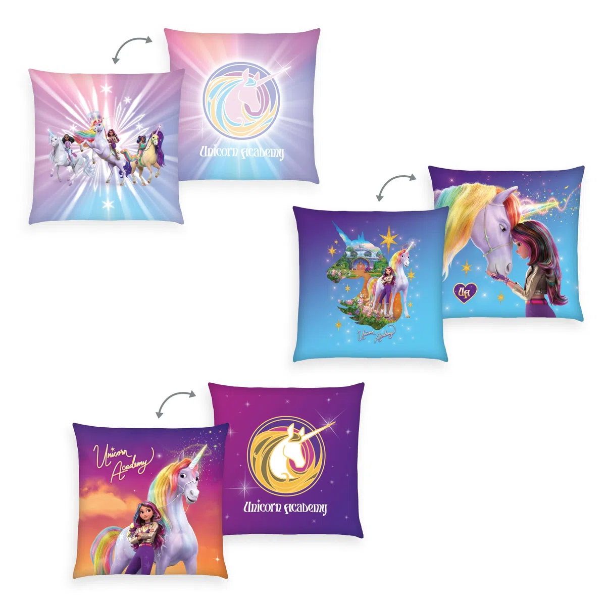 Herding Set di 3 cuscini decorativi, Unicorn Academy, 40 x 40 cm, Per coccole e decorazioni, Poliestere, Multicolore