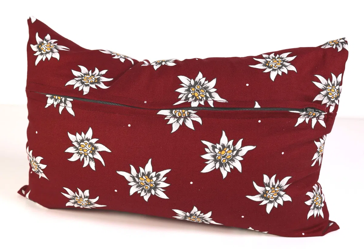 Cuscino di pino cembro con fodera interiore bio e federa esteriore -Fiori edelweiss, 30 x 20cm - Profumo di pino cembro naturale al 100%