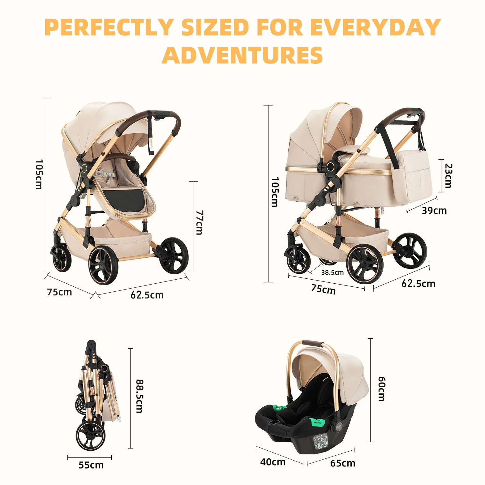 Passeggino 3 in 1 Grandi Ruote Pneumatici in Gomma Carrozzina Ovetto Schienale Regolabile Reclinabile (H9/PINK)