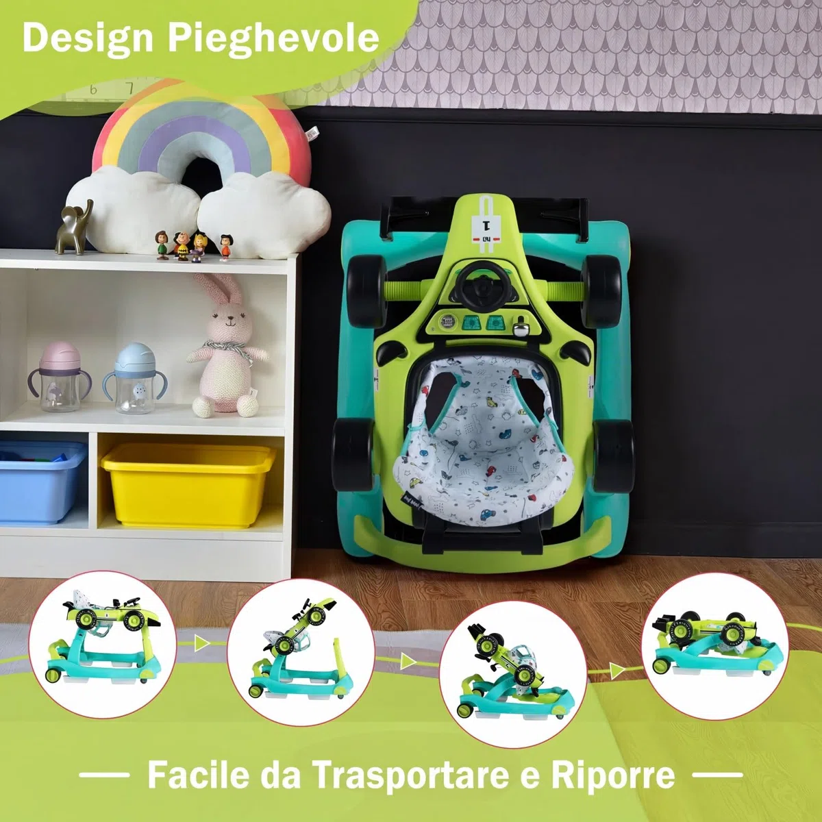 COSTWAY Girello per Bambini 4 in 1, Girello Pieghevole con Altezza e Velocità Regolabili, Carillon con Luci, Volante, Primi Passi per Bambini 6-18 Mesi, Portata 12 kg (Verde)