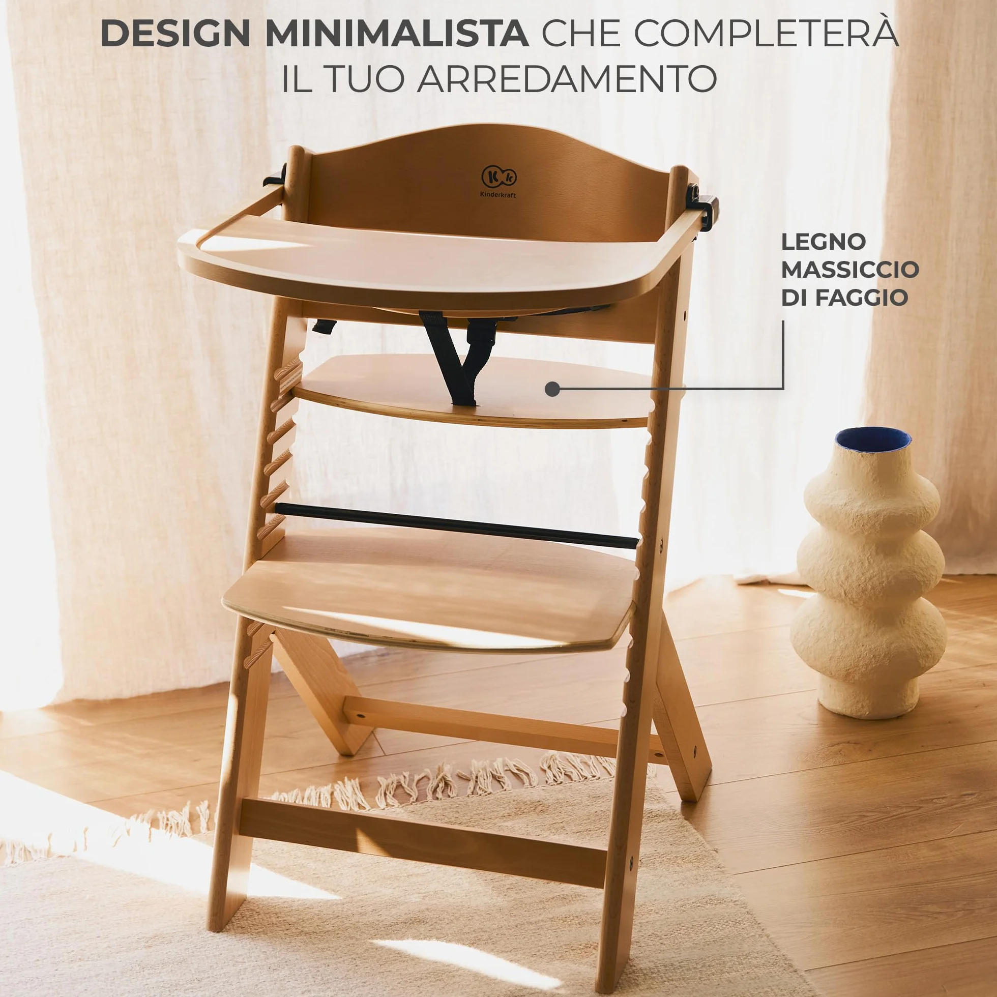 Kinderkraft ENOCK Seggiolone Pappa + Sdraietta CALMEE Legno Evolutivo Multifunzionale Sedia Ergonomica Altezza Regolabile 6 Mesi 10 Anni