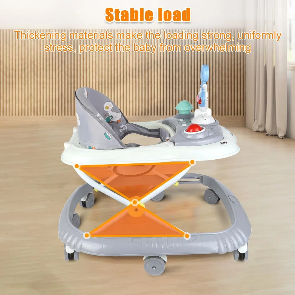 Girello 4 in 1, girello pieghevole per bambini con vassoio di gioco interattivo con suoni, base anti-ribaltamento, deambulatore ruote in silicone e 4 posizioni di altezza, da 6 a 18 mesi (grigio-67 x
