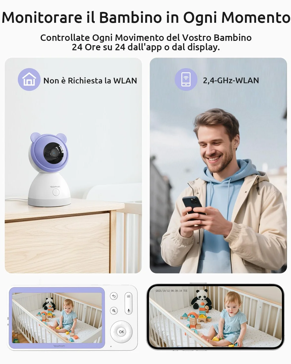 Baby Monitor 2K Video e Audio, Telecamera Bambini con APP, 5" Monitor, Luce Notturna, 360° PTZ, Allarmi Pianto e Movimento 8TM-1PZ