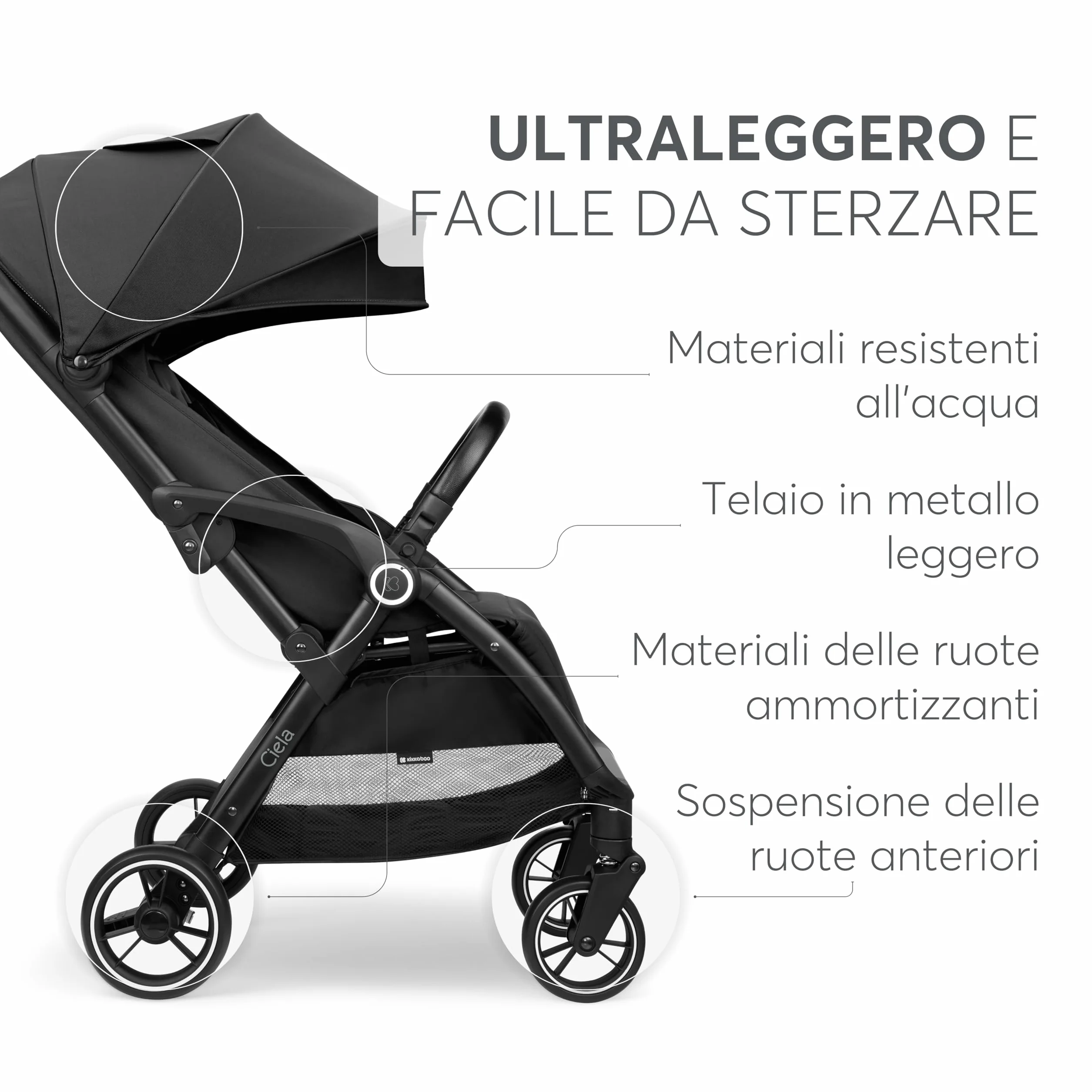 KikkaBoo Passeggino Leggero CIELA fino a 22 kg, Piegatura Automatica, Schienale Reclinabile, Nero