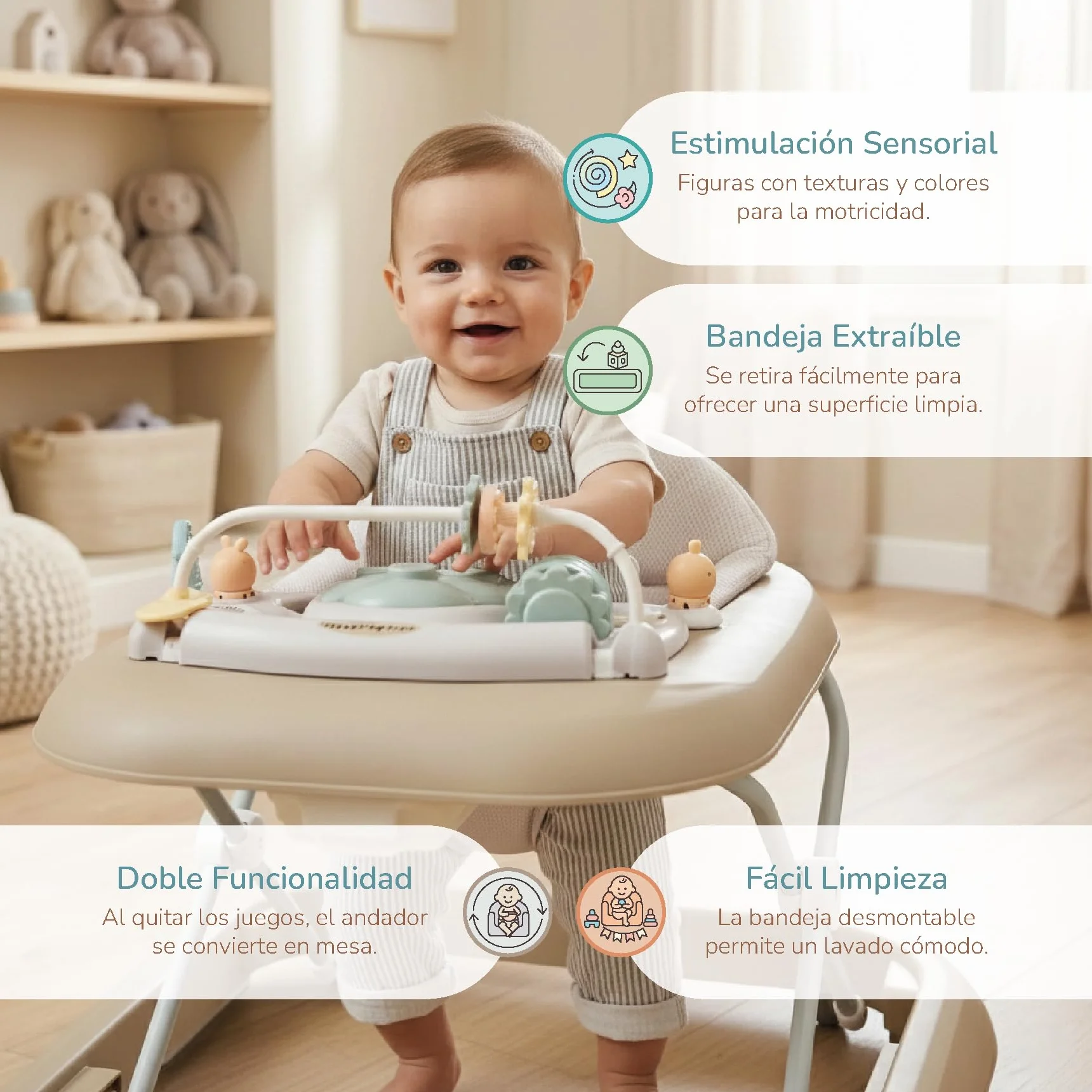 Buddy Baby FUNNY - Deambulatore per bambini + 6 mesi con base antiribaltamento - Include Vassoio con Suoni e Giochi - Pieghevole compatto, altezza regolabile e ruote girevoli a 360° (Sabbia)