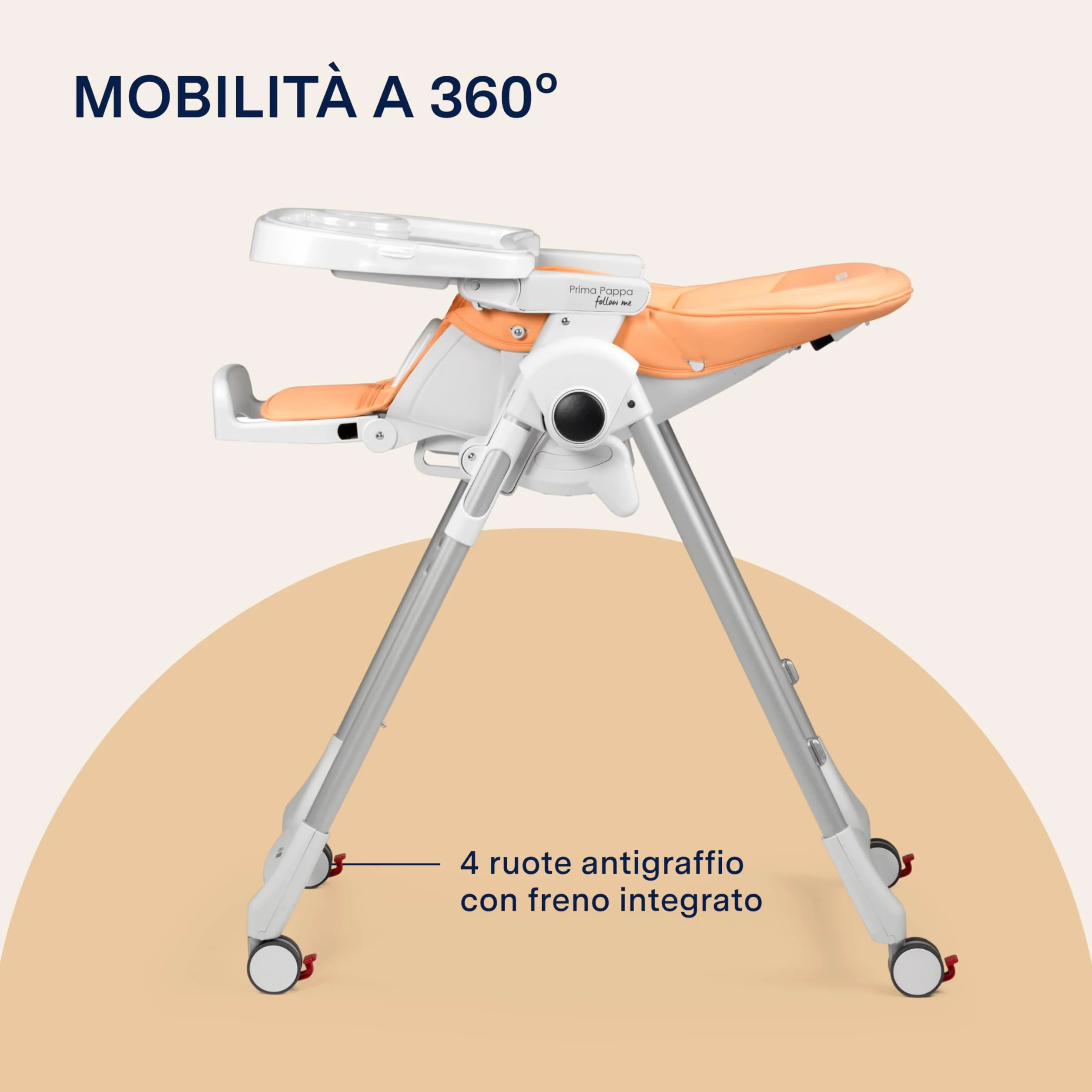 PEG Prima Pappa Follow Me Seggiolone Neonati Reclinabile, Funzione Sdraietta, 4 ruote, Pieghevole, Ultracompatto, 0-3 Anni (0-15 kg), Peach