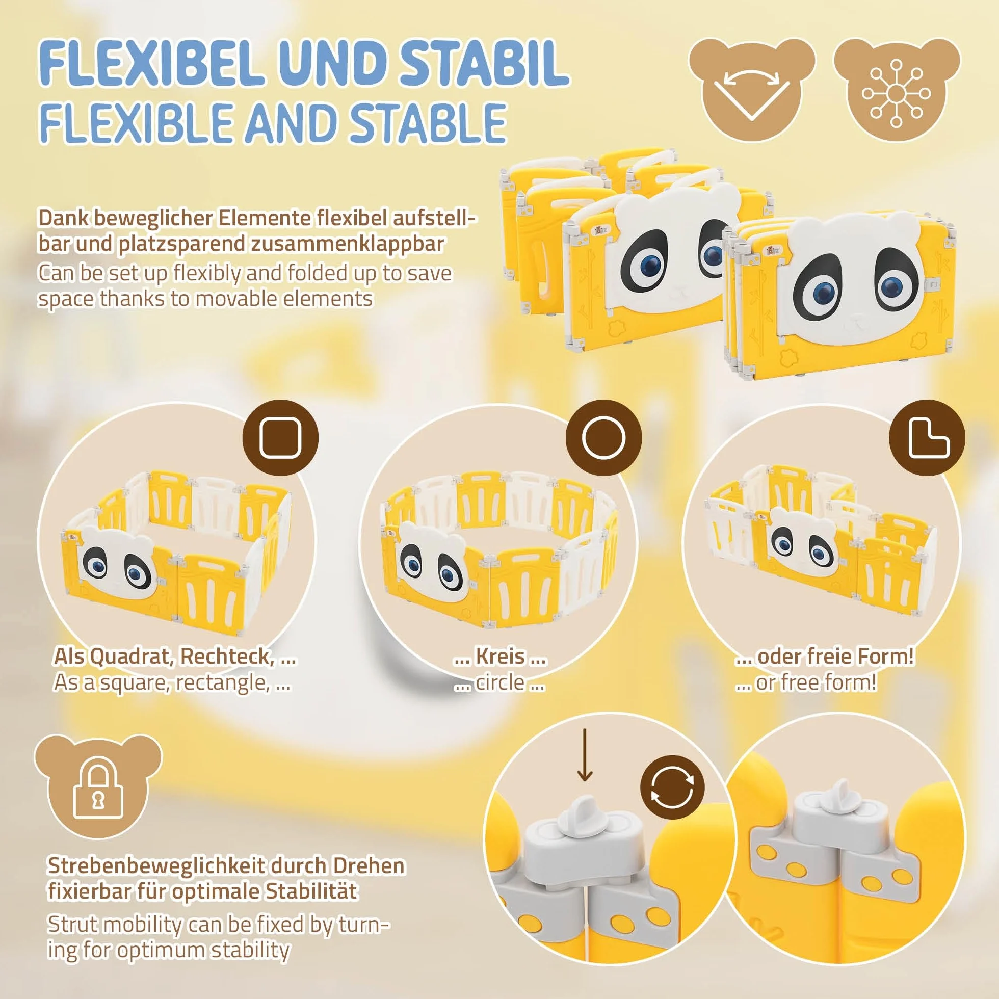 Joyz Box Bambini 120x120 cm Pieghevole Design Panda Bianco/Giallo Cancelletto con Porta e Orologio Didattico Recinto in Plastica per Interni/Esterni Cancelletto per l’Esplorazione dei Neonati