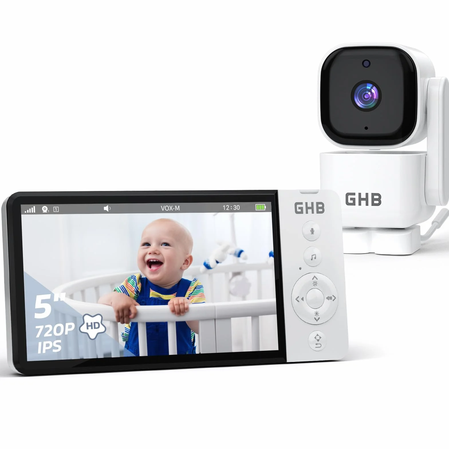 GHB Baby Monitor 5" 720HD 168 Ore Autonomia 350° Telecamera Rotante Rilevamento Temperatura VOX Visione Notturna