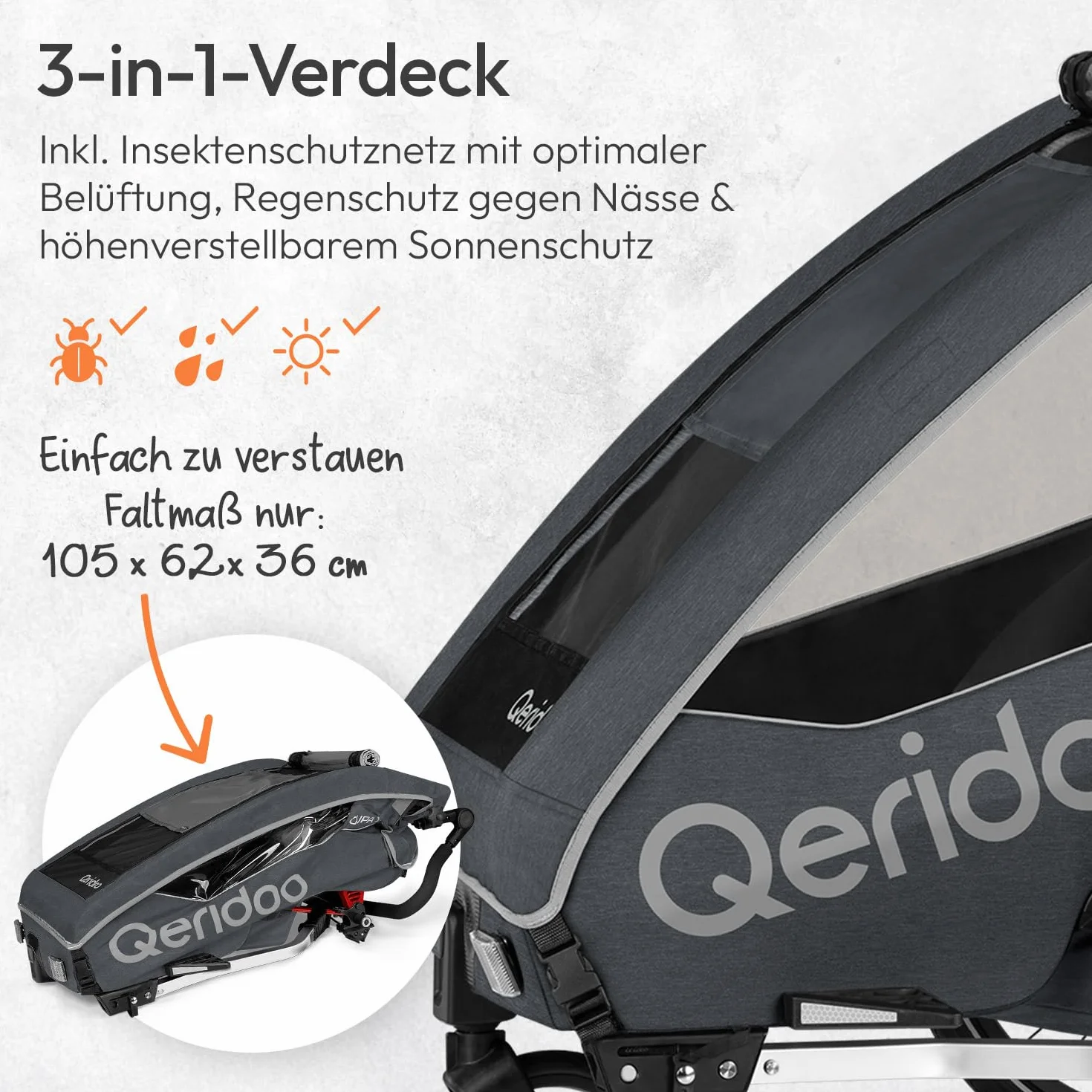 Rimorchi per bicicletta marca QERIDOO. Modello Kinderfahrradanhänger & Buggy QUPA 1 für 1 Kind mit Kupplung, Blattfeder-Dämpfsystem (bis 50 kg) - Grigio