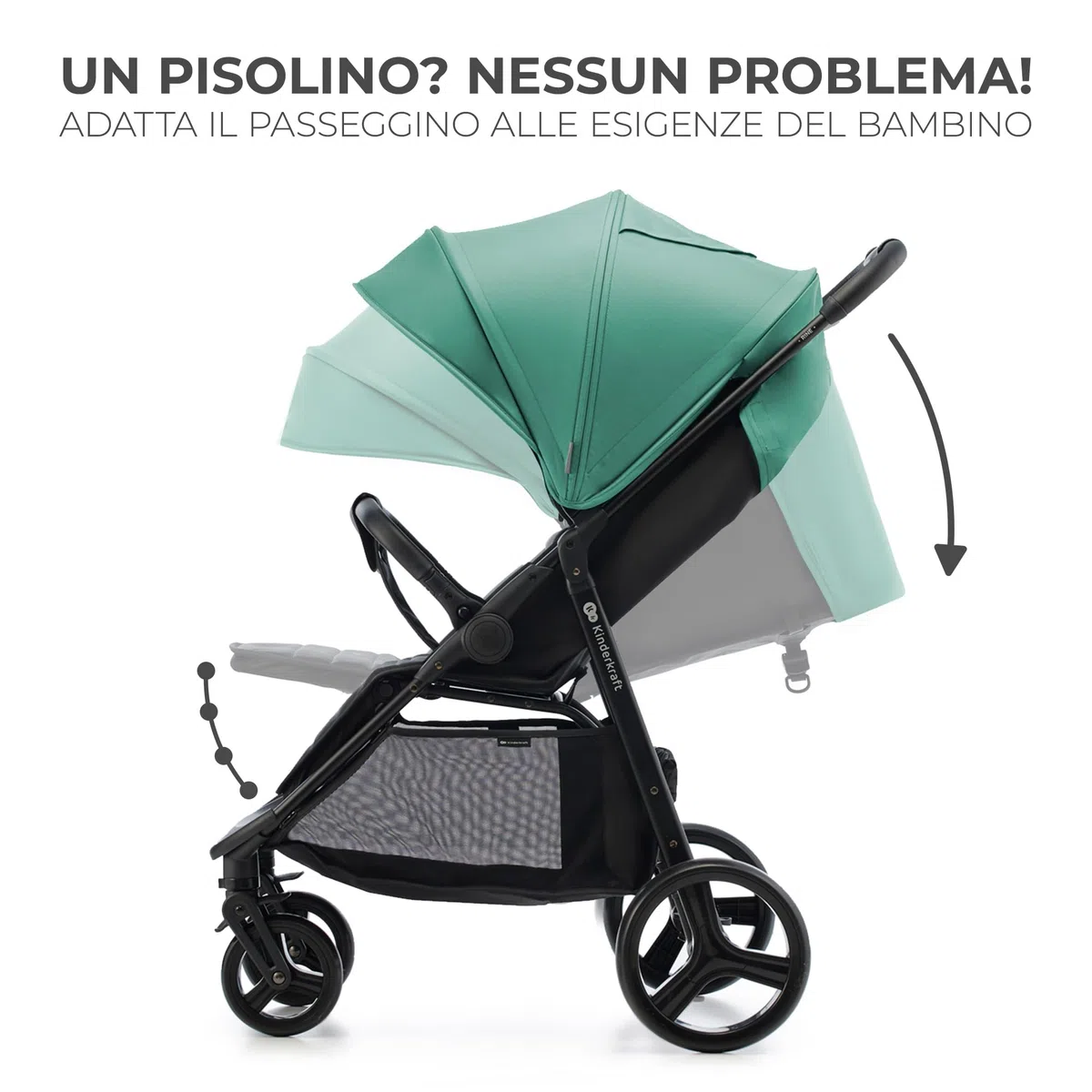 Kinderkraft RINE Passeggino leggero fino 22 kg, Chiusura con una mano, Capotta impermeabile con filtro UPF50+, Barra di sicurezza girevole, Portabicchiere, Verde
