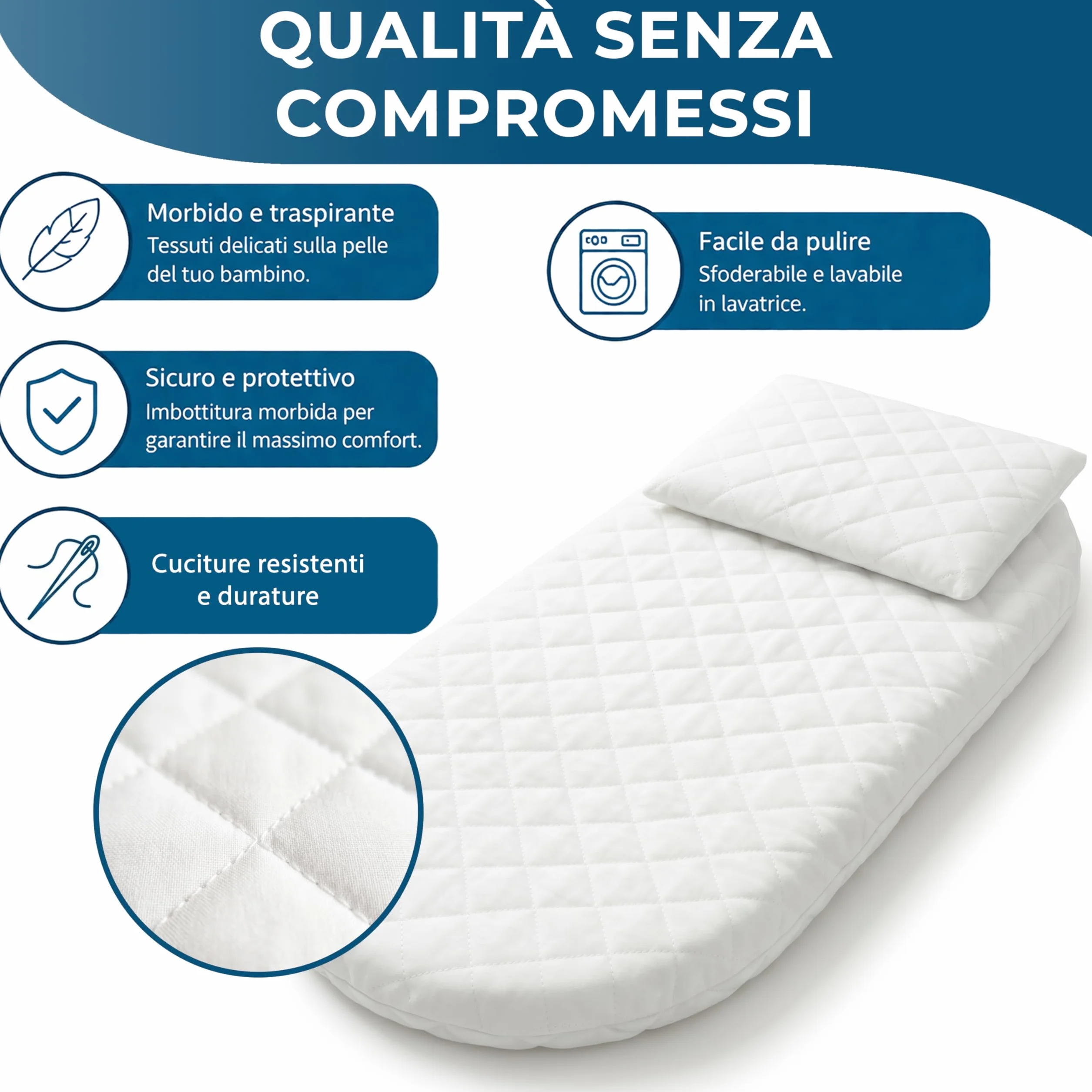 Manami® Materasso Culla e Navicella con Cuscino, Made in Italy, Cotone Trapuntato Sfoderabile, Materasso Carrozzina Traspirante per Neonato, 74x34x6 cm