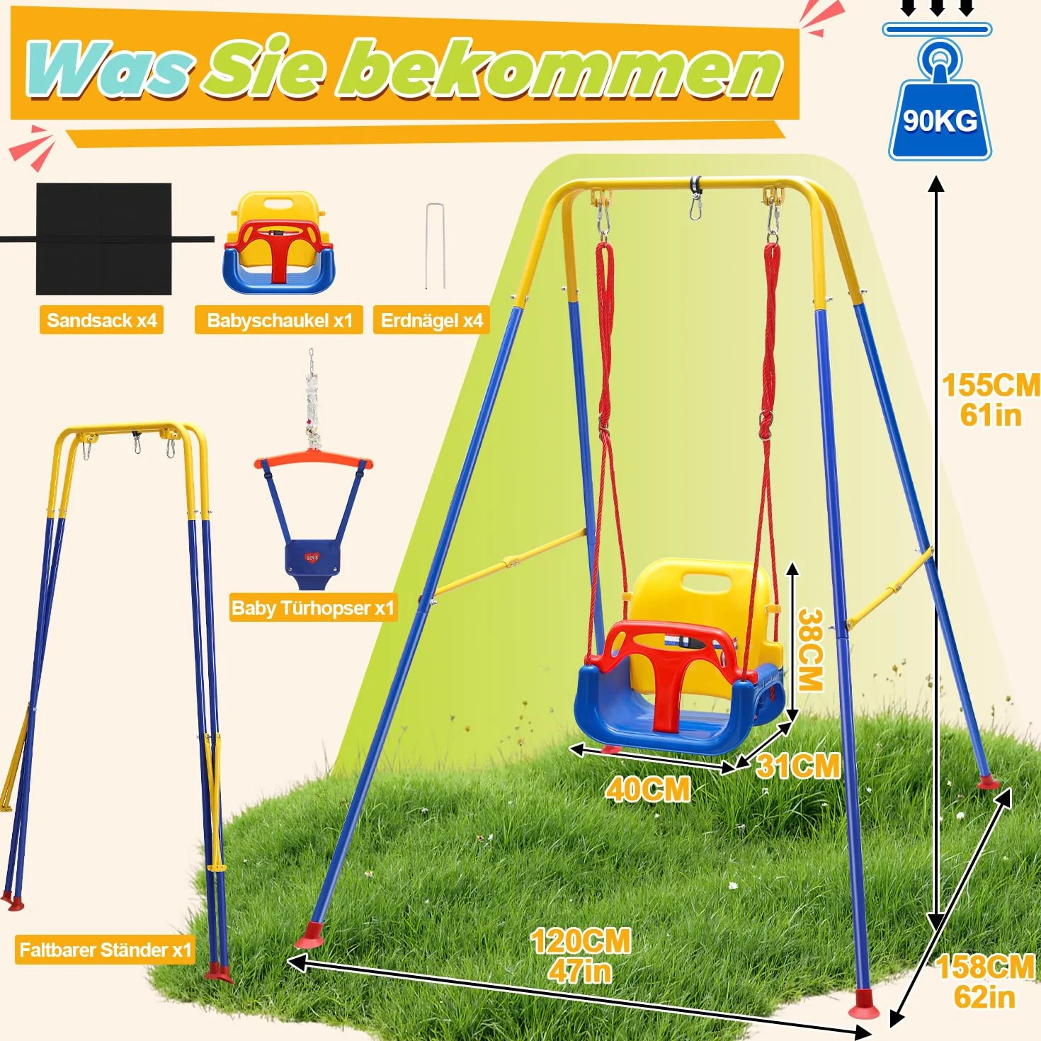 Altalena per bambini, 4 in 1, con telaio – Altalena per bambini, con cintura di sicurezza, pieghevole e 4 sacchi di sabbia, per interni ed esterni, facile da montare