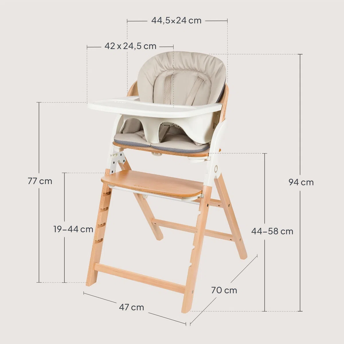 LIONELO Seggiolone Pappa in Legno Megan, Cresce con il Bambino da 6 Mesi a 110 kg, Poggiapiedi regolabile, Cinture di sicurezza a 5 punti, Cuscino per Seduta, Pulizia facile (Legno Bianco)