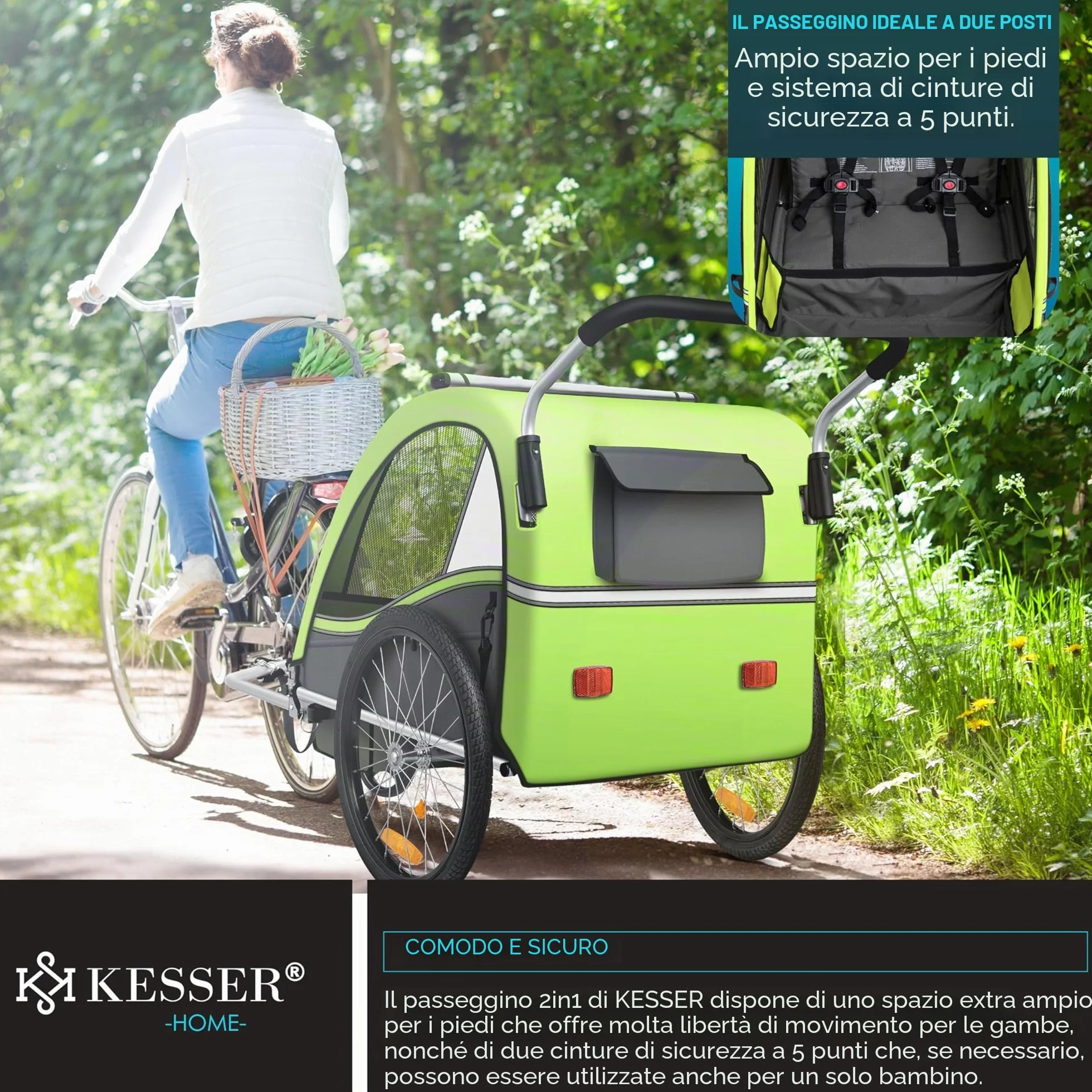 KESSER® Rimorchio per bambini da bicicletta Sport-RX 2 in 1 funzione jogging cintura di sicurezza a 5 punti ruota anteriore girevole 360°