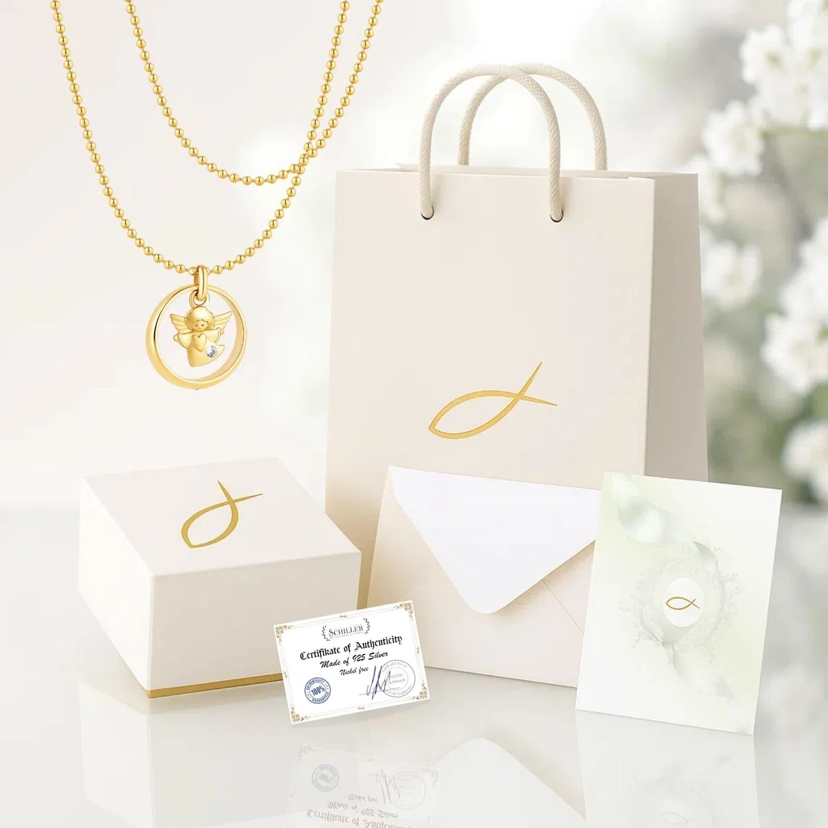 fish Collana per battesimo ragazza/ragazzo/argento/oro, anello per battesimo con angelo custode, ciondolo a forma di angelo custode, collana per bambini, regalo per battesimo e nascita
