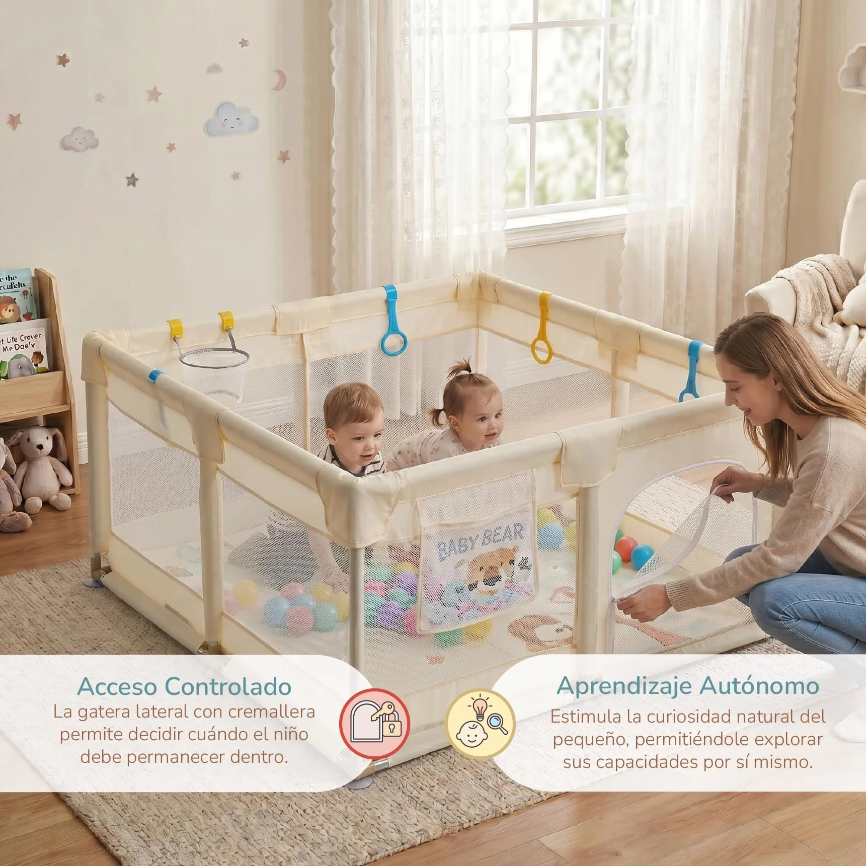 Buddy Baby Parco per bambini 120 x 120 cm pieghevole con rete traspirante e porta laterale vaniglia