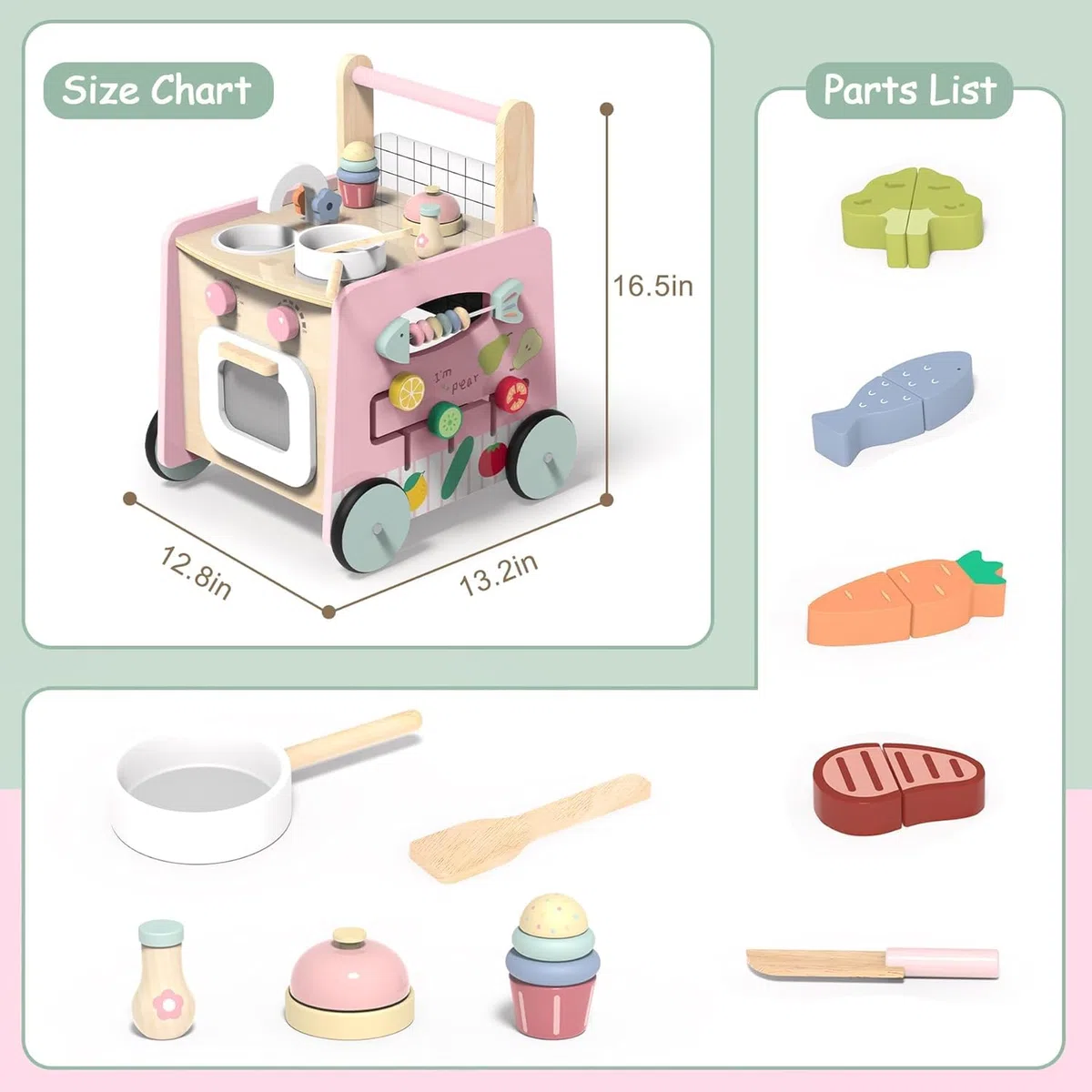 VITONIS Girello per Bambini di Legno, Carrello Primi Passi con 8 Giochi Interattivi, Girello Montessori Push Walker Regalo per Bambini e Ragazze