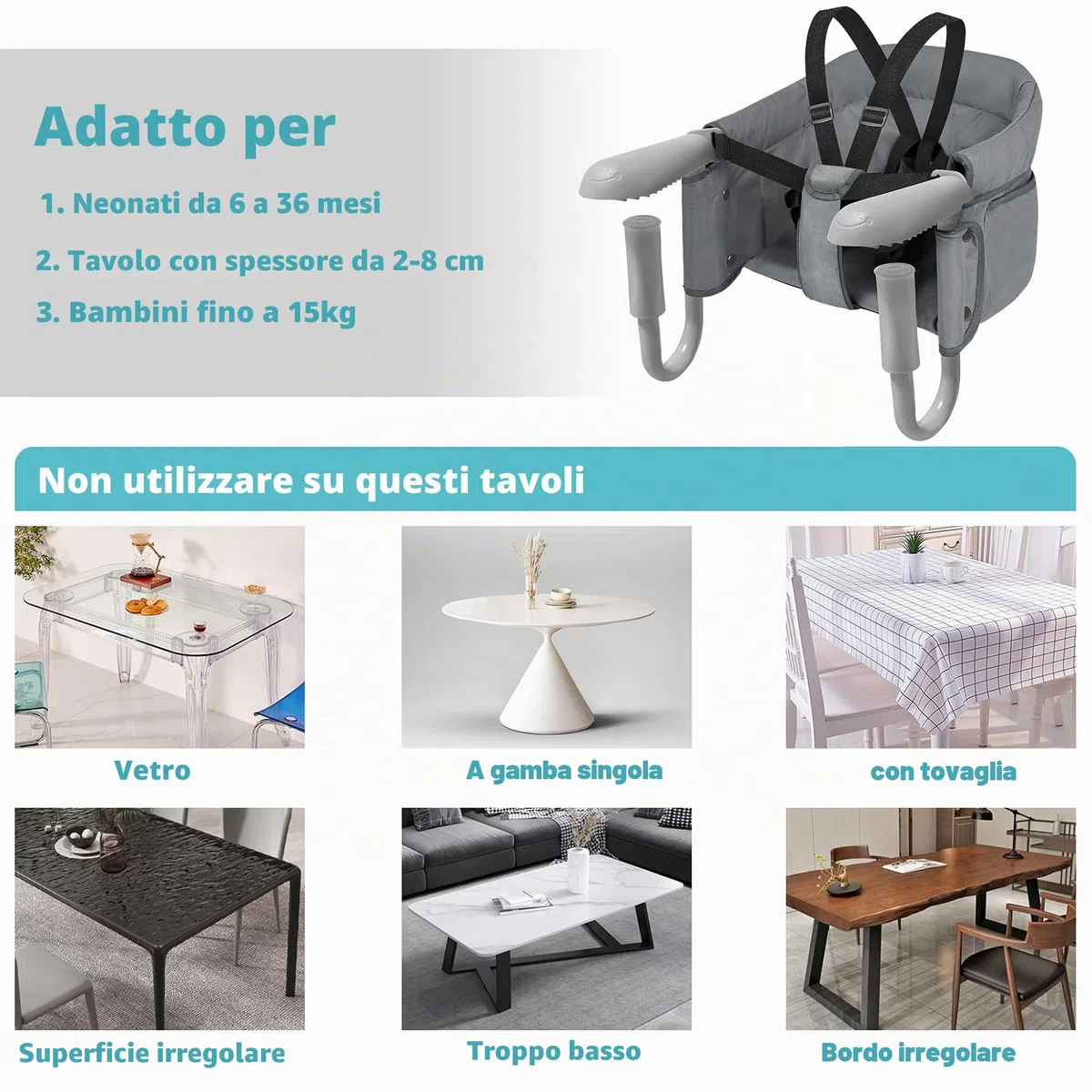UISEBRT Seggiolino da Tavolo Pieghevole, Seggiolone per Bambini con Altezza Regolabile, Seggiolino con Morsetto Antiscivolo e Cintura di Sicurezza, Seggiolone Portatile per Bambini per Viaggi e Casa