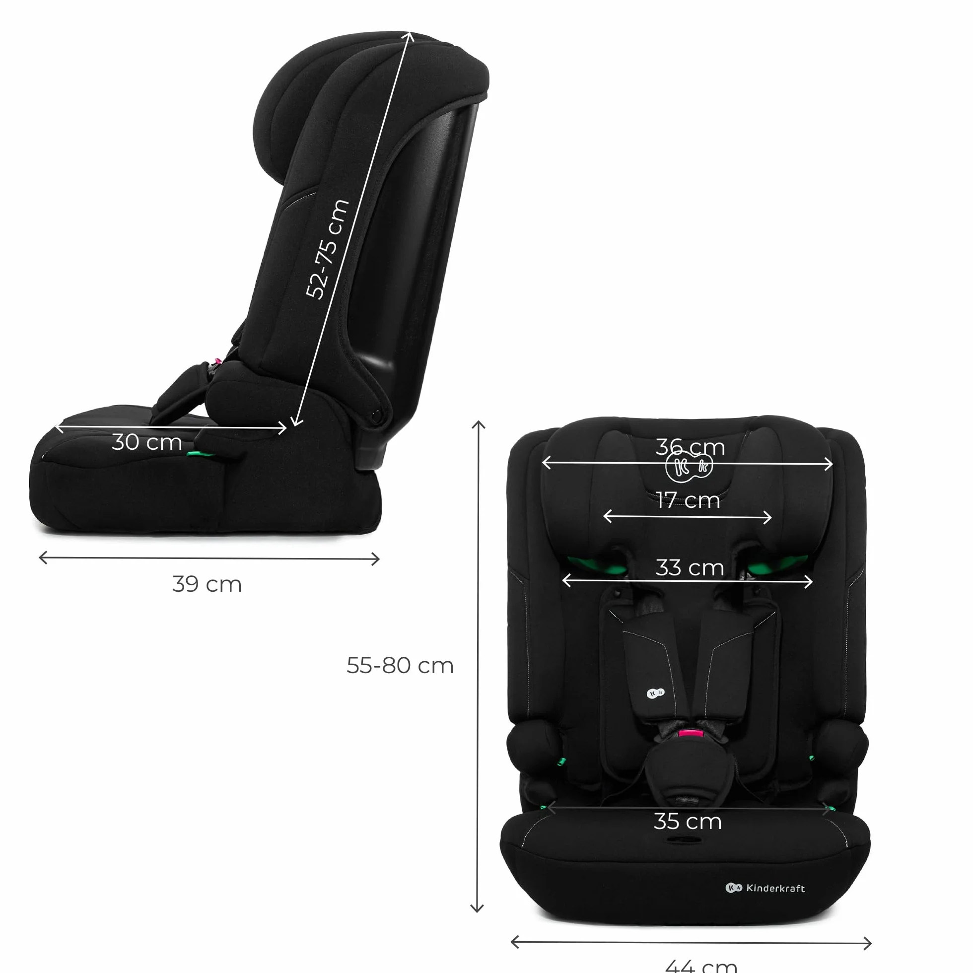 Kinderkraft I-COMFY, Seggiolino auto, Per bambini, Regolabile (76-150 cm), Schienale regolabile, Cintura di sicurezza a 5 punti, EASY GROW SYSTEM, Facile installazione, Nero