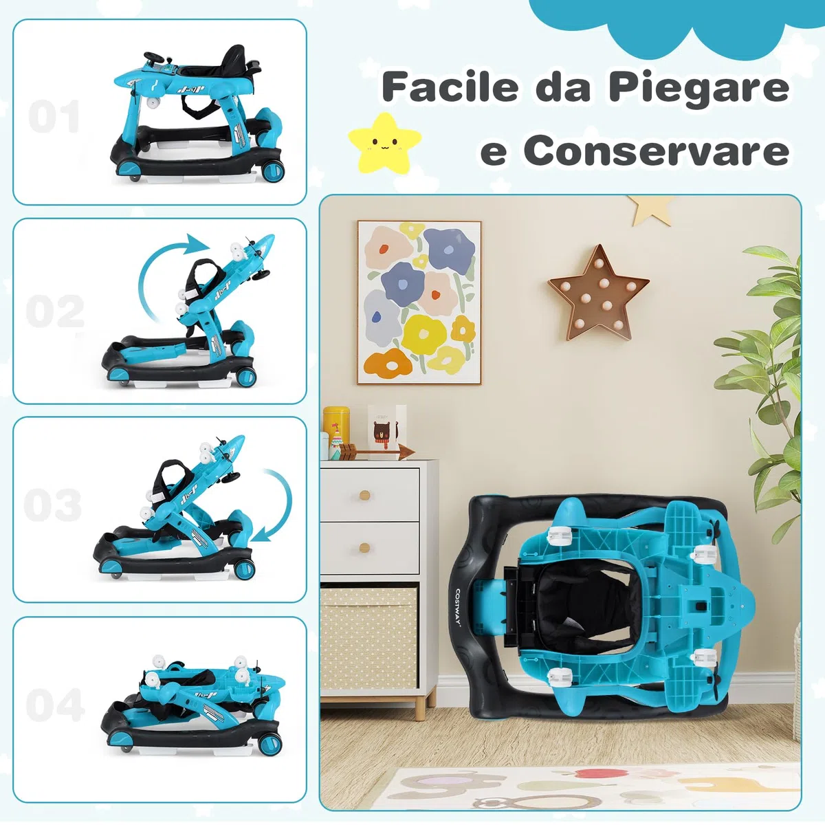 COSTWAY 6 in 1 Girello per Bambini, Girello Pieghevole con Altezza e Velocità Regolabili a 3 Livelli, Vassoio, Musica, Ruote, Luci, Giocattoli Evolutivi per Bambini 6-18 Mesi (Blu)