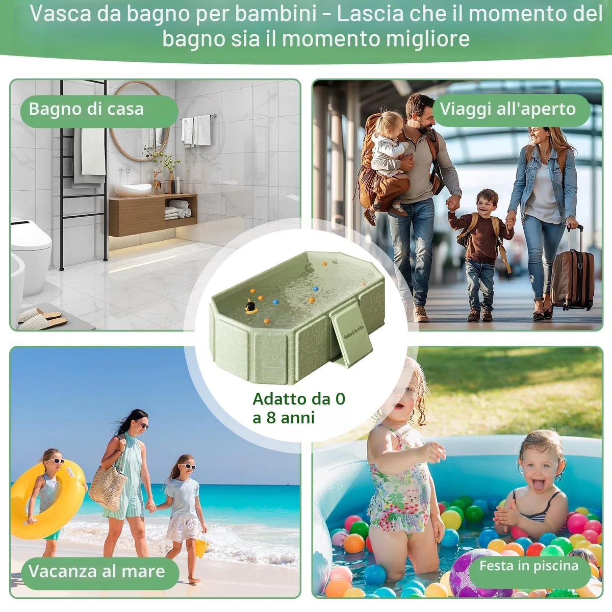 Vasca da Bagno Pieghevole per Bambini, Multiuso e Salvaspazio, Adatta da 0 a 8 Anni, Vaschetta Bagnetto Neonato Pieghevole con Tappo di Scolo, Vasca da Bagno Portatile per Bambini (Verde)