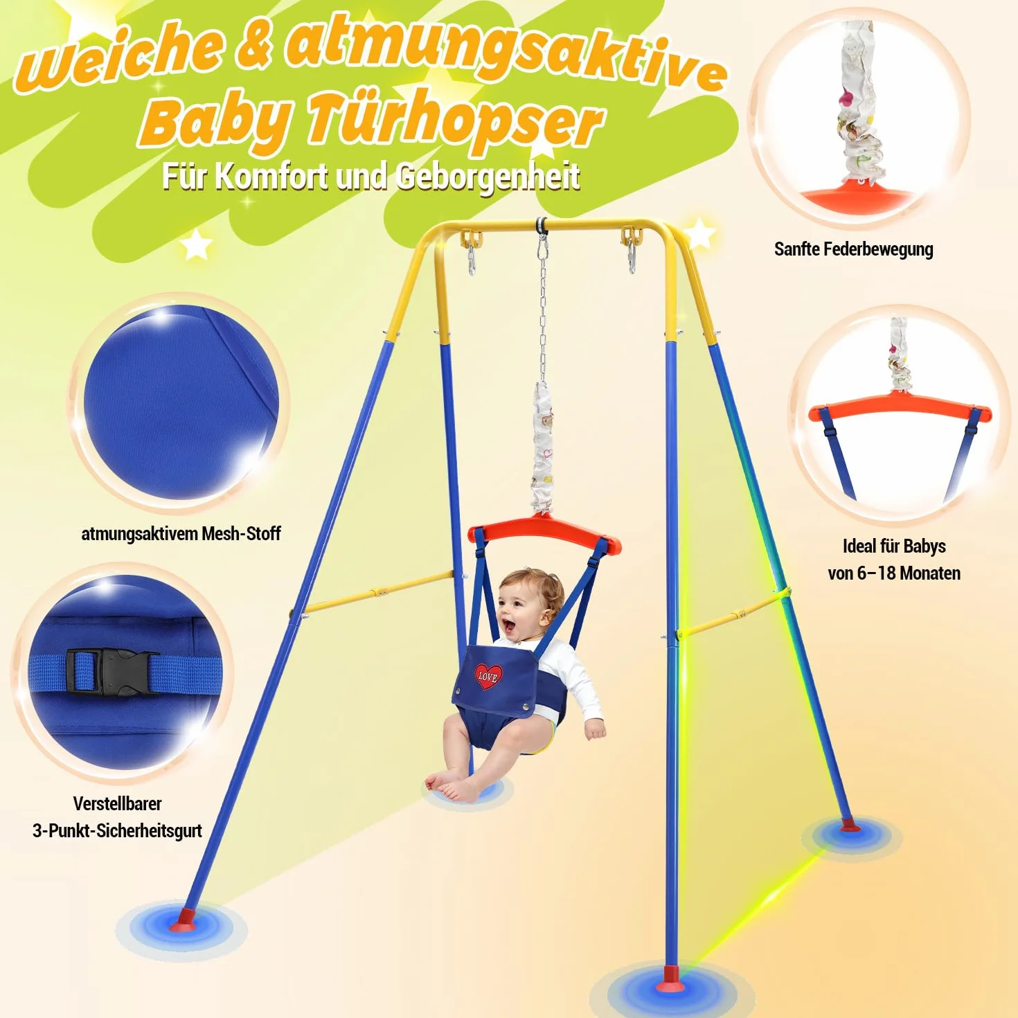 Altalena per bambini 4 in 1, con telaio – Altalena per bambini, con cintura di sicurezza, pieghevole e 4 sacchi di sabbia, per interni ed esterni, facile da montare