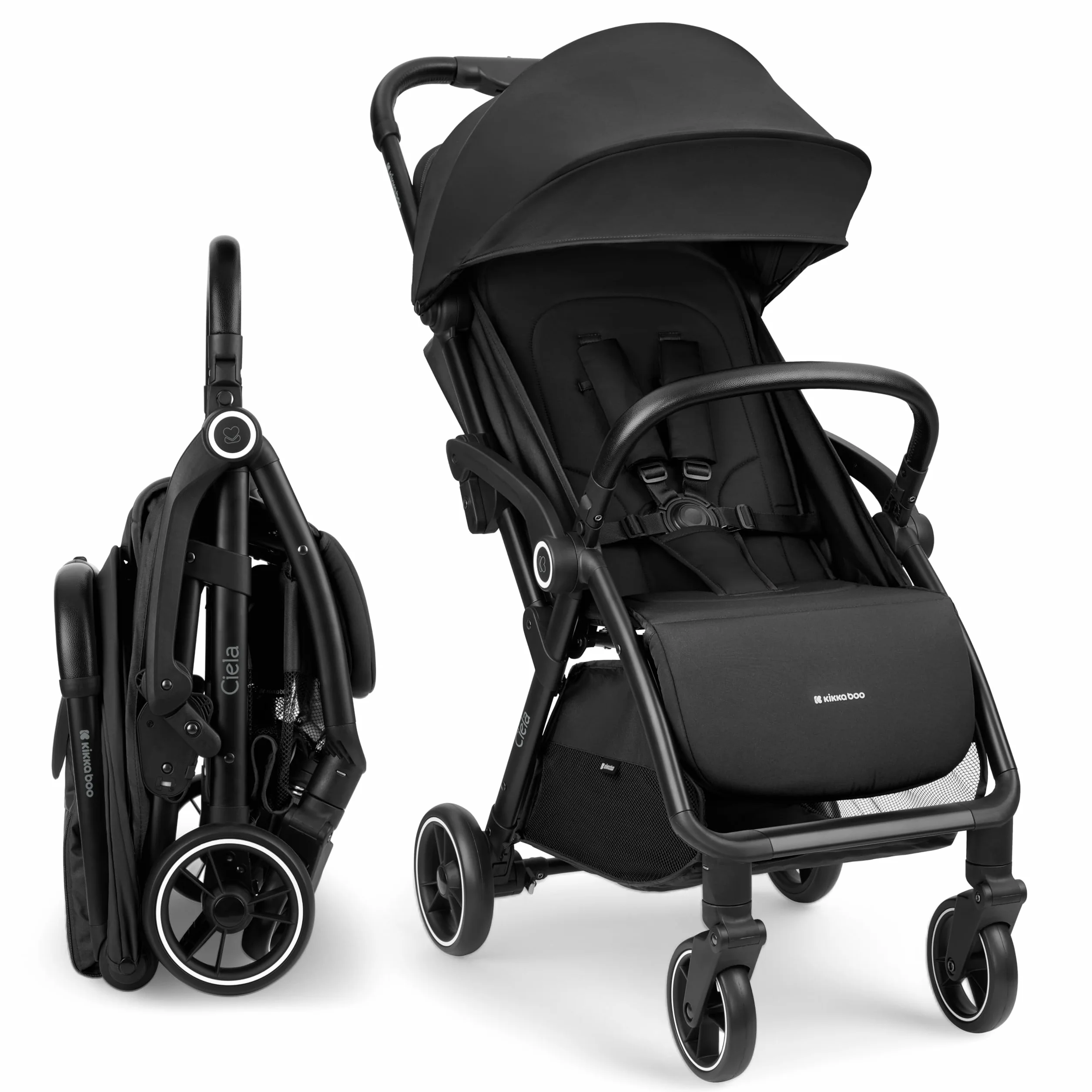 KikkaBoo Passeggino Leggero CIELA fino a 22 kg, Piegatura Automatica, Schienale Reclinabile, Nero