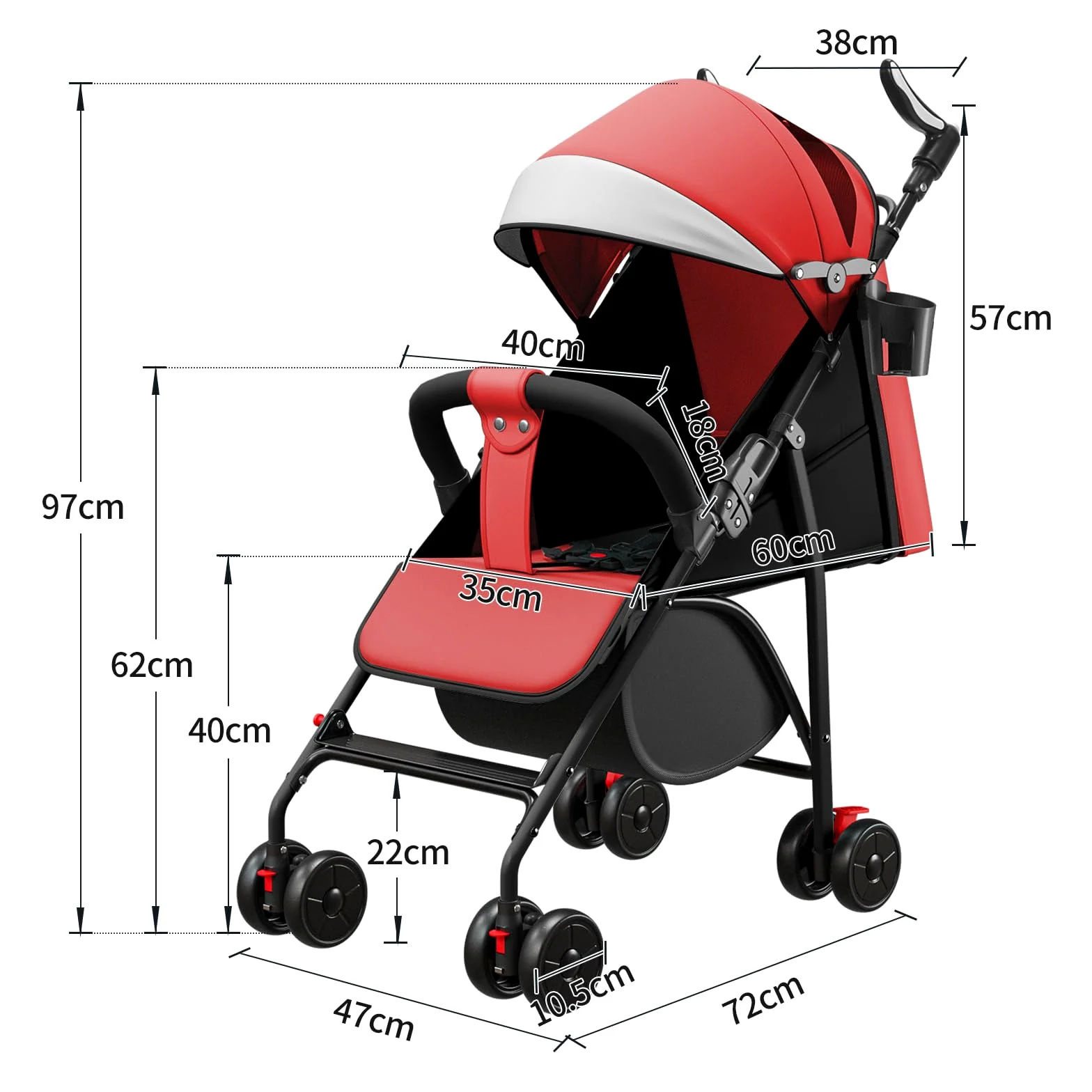 OHMG Passeggino per bambini da 0 a 4 anni, 0 a 22 kg, 3 posizioni di riposo, posizione piatta, pieghevole, con tracolla, imbracatura a 5 punti, cestino, freno a pedale