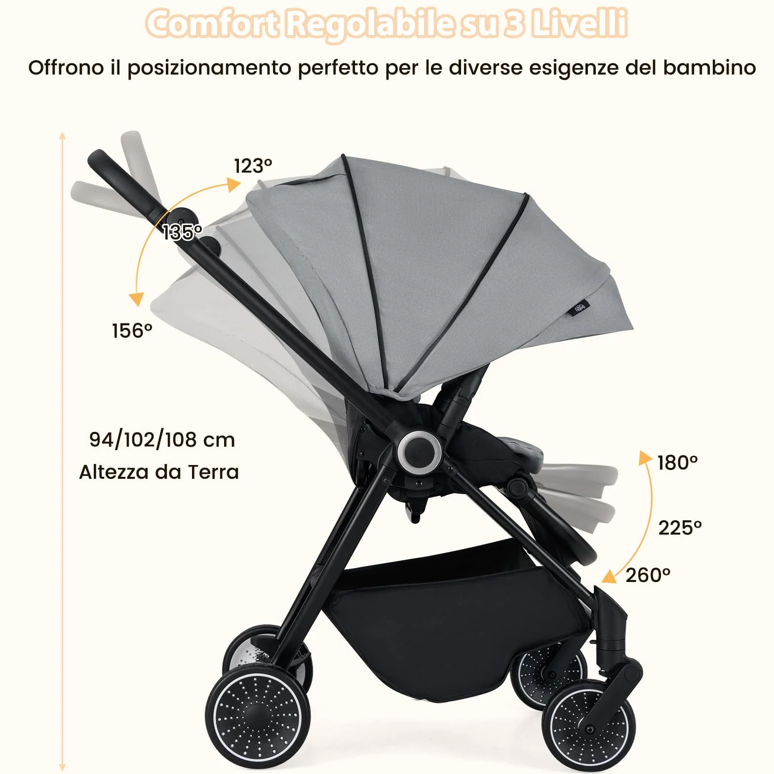 COSTWAY Passeggino per Bambini Reversibile Pieghevole con Schienale Reclinabile, 0-36 Mesi, 15 kg Grigio