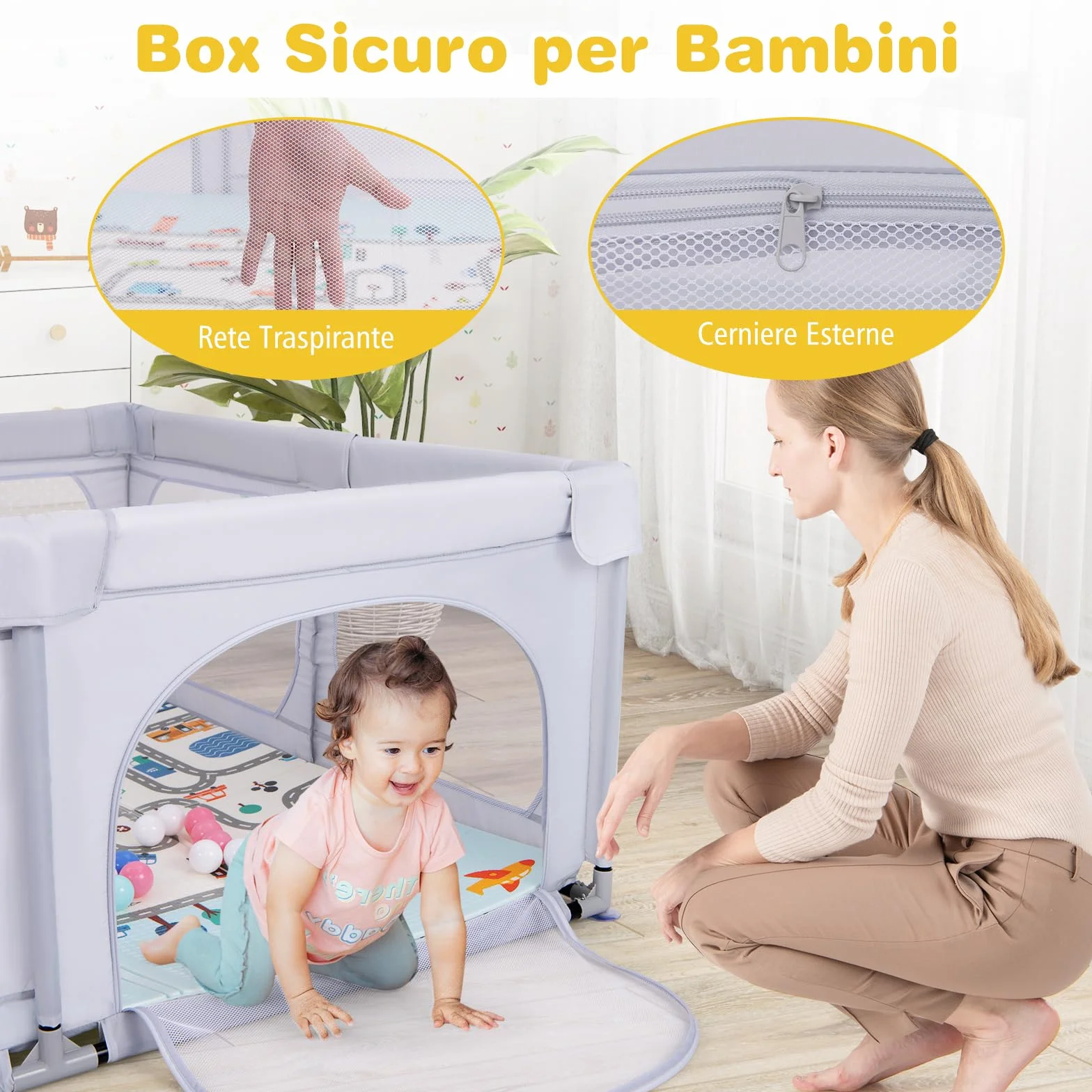 COSTWAY Box per Bambini con Materassino, Recinto per Bambini con 4 Anelli e 50 Palline Colorate, Rete Traspirante, Tasca e Borsa, Box Giochi per Bambino 0-3 Anni (Grigio Chiaro, 189 x 158 cm)
