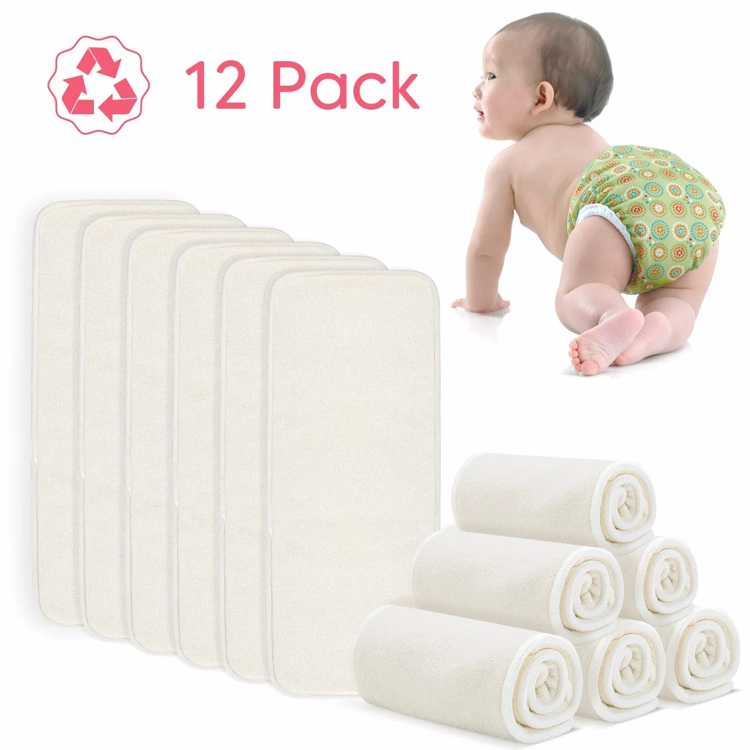 Damero Inserti per Pannolini con Wetbag (12 pezzi), Inserto Assorbente per Pannolini lavabili, 5 Strati, Fibra di Bambù