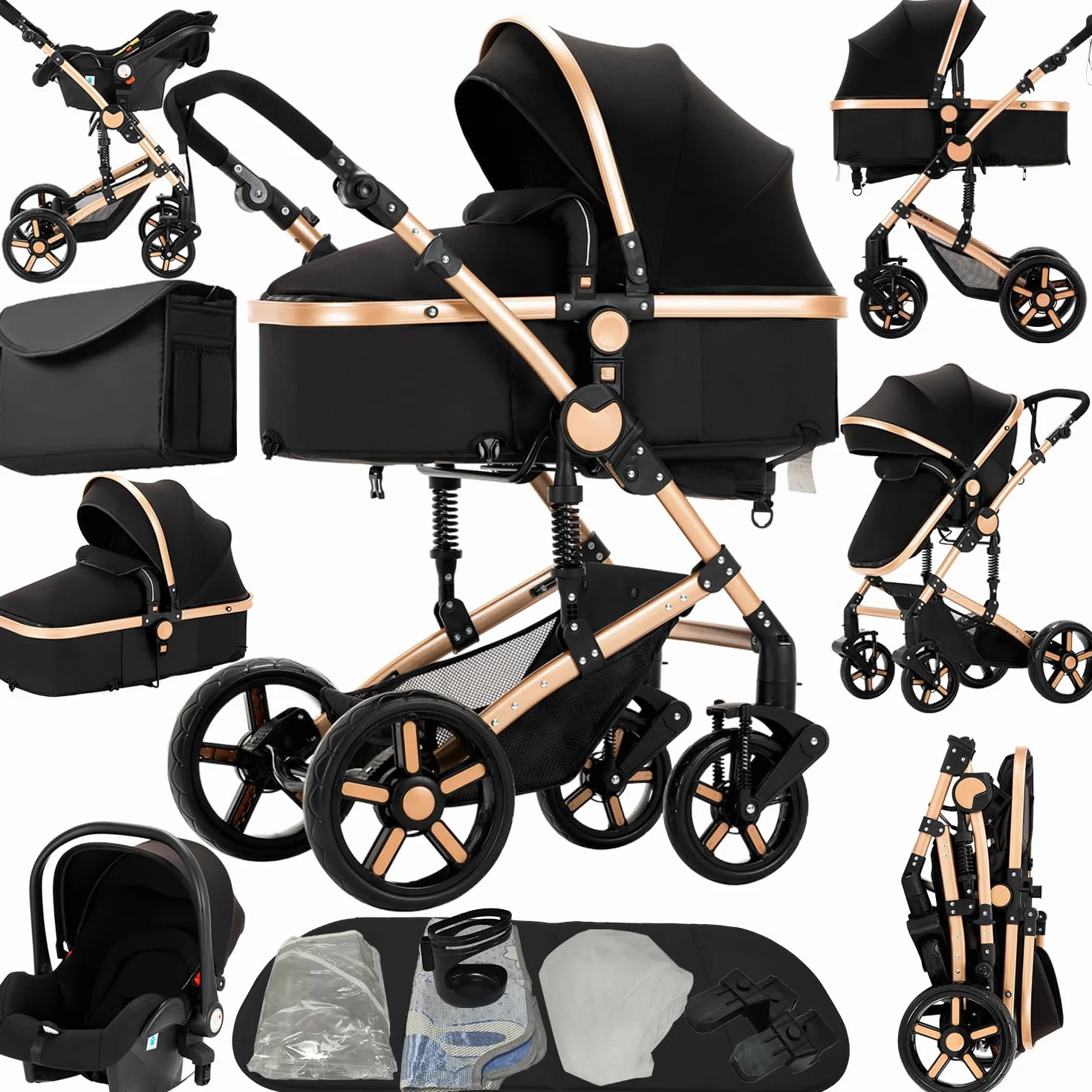 Passeggino Trio 3 in 1 Pieghevole con Telaio Alluminio (588 Black Gold)