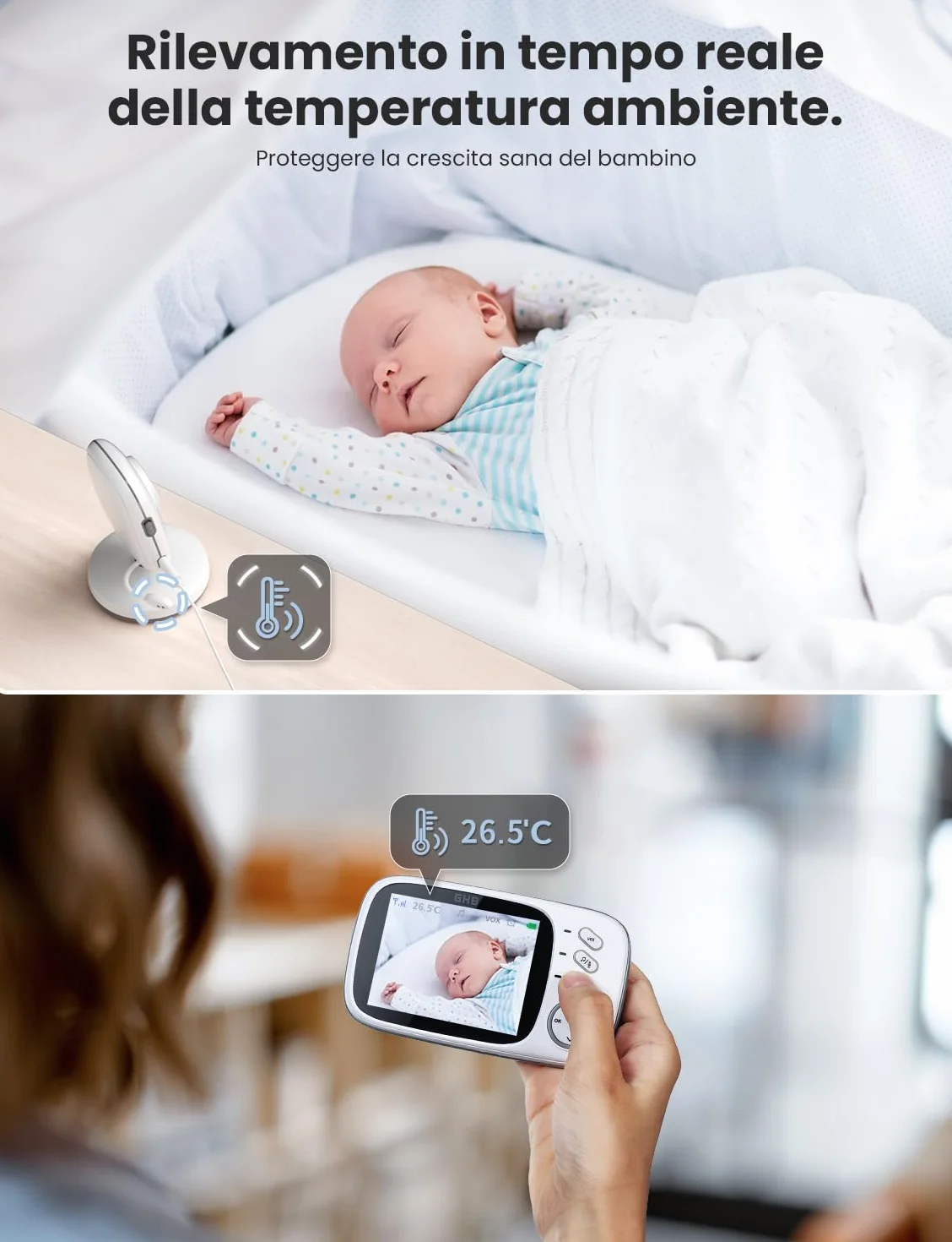 GHB Baby Monitor Video e Audio 3.2'', Telecamera Bambini con Monitor 1000mAh, Visione Notturna, Rilevamento Temperatura, Interfono Bidirezionale, VOX