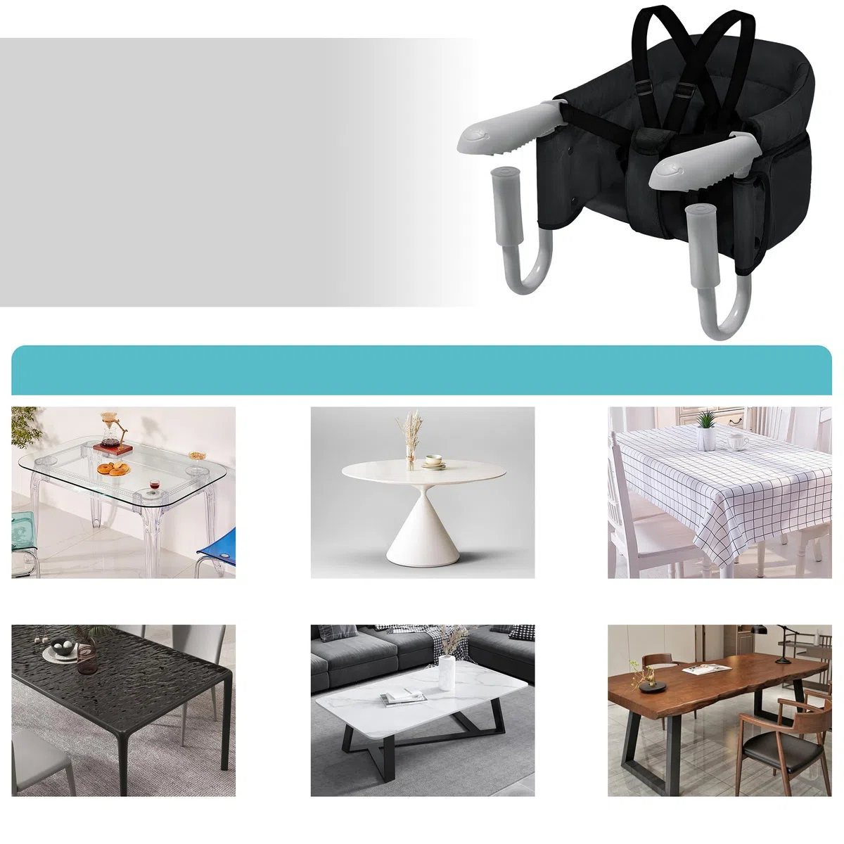 XMTECH Seggiolino da tavolo pieghevole per bambini, seggiolone, per il fissaggio al tavolo, struttura stabile, sedia da tavolo imbottita con tasca, colore nero